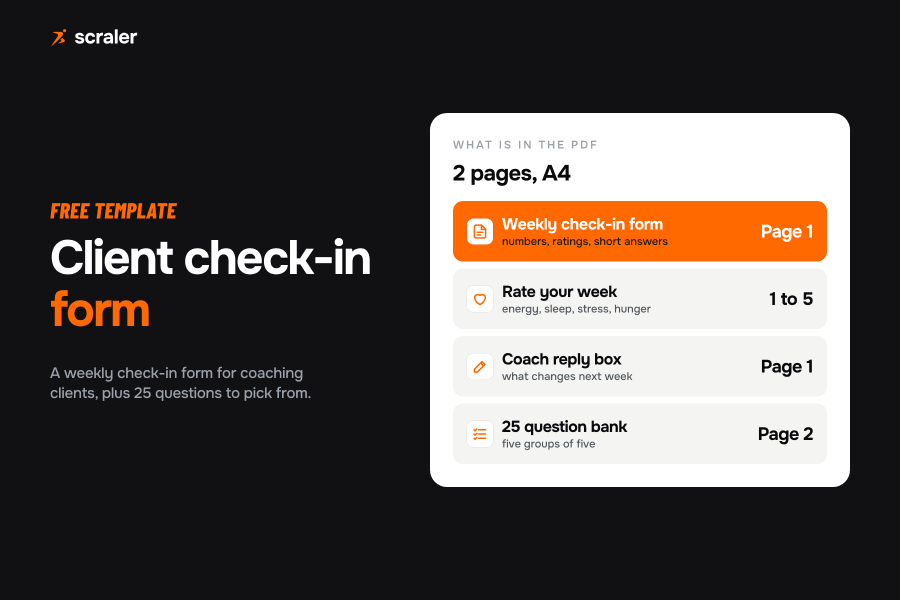 Client check-in form template for online coaches: a weekly form with numbers, 1 to 5 ratings and short answers, plus a 25 question bank