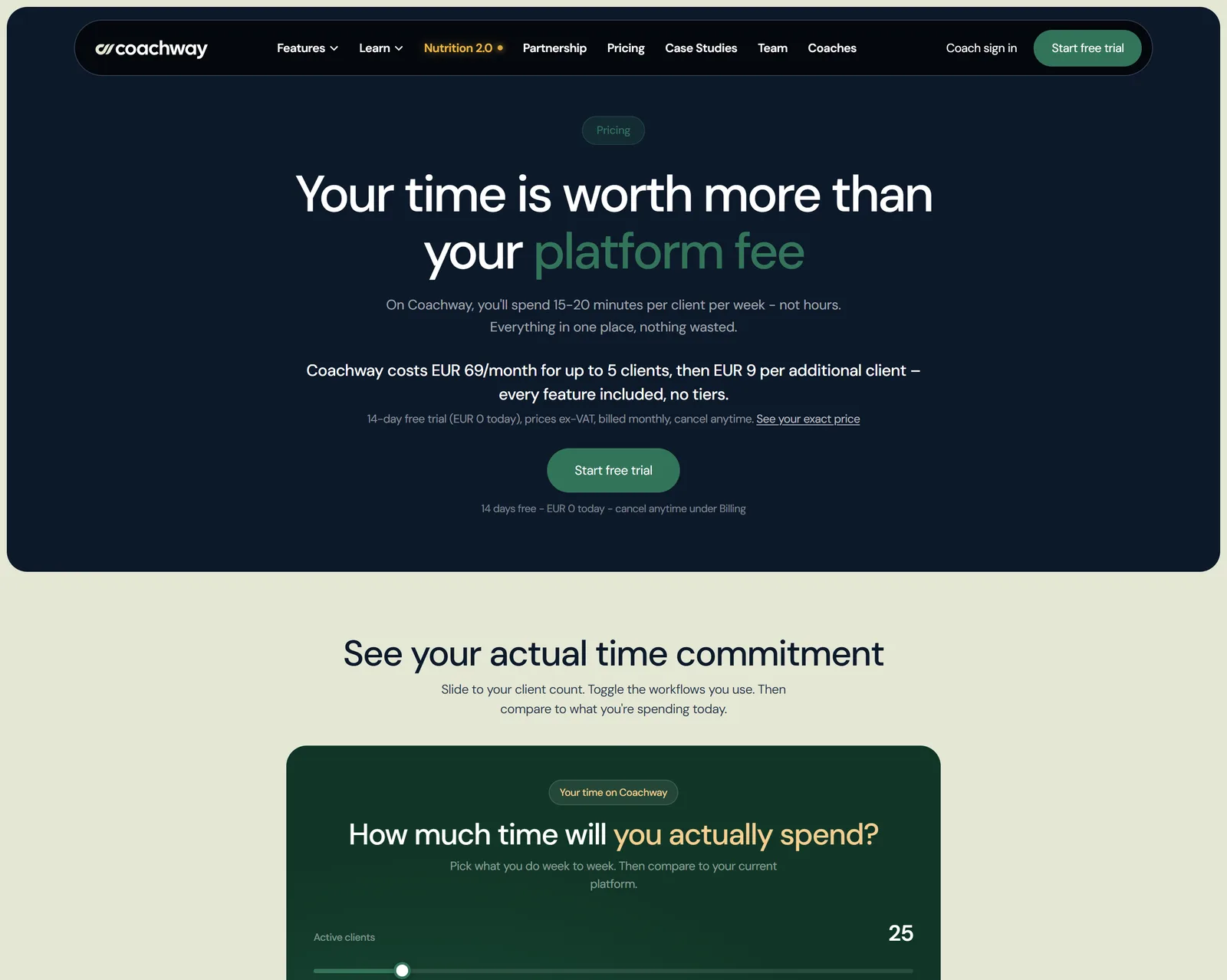 The Coachway pricing page, one plan priced per client