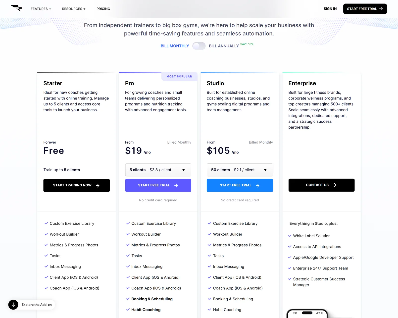 Everfit plans on monthly billing: Starter free for 5 clients, Pro from $19 by client step, Studio from $105