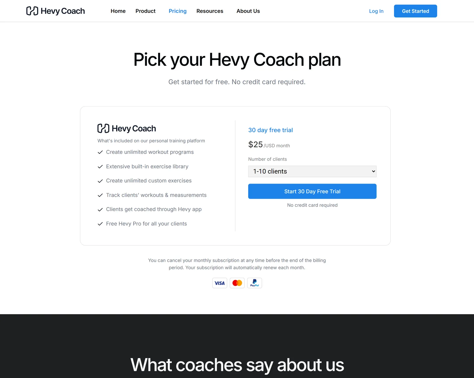 Hevy Coach pricing page showing nine client-count tiers from $25 to $700 a month, monthly billing only, identical features on every tier