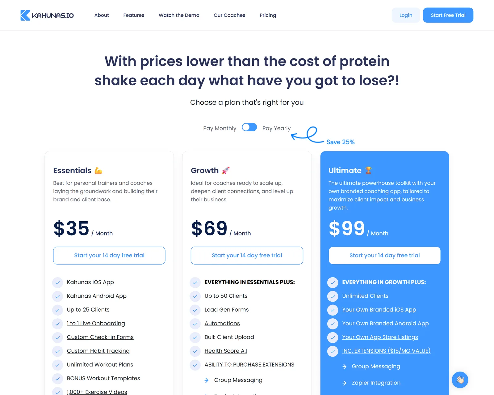 The Kahunas pricing page, with its three tiers