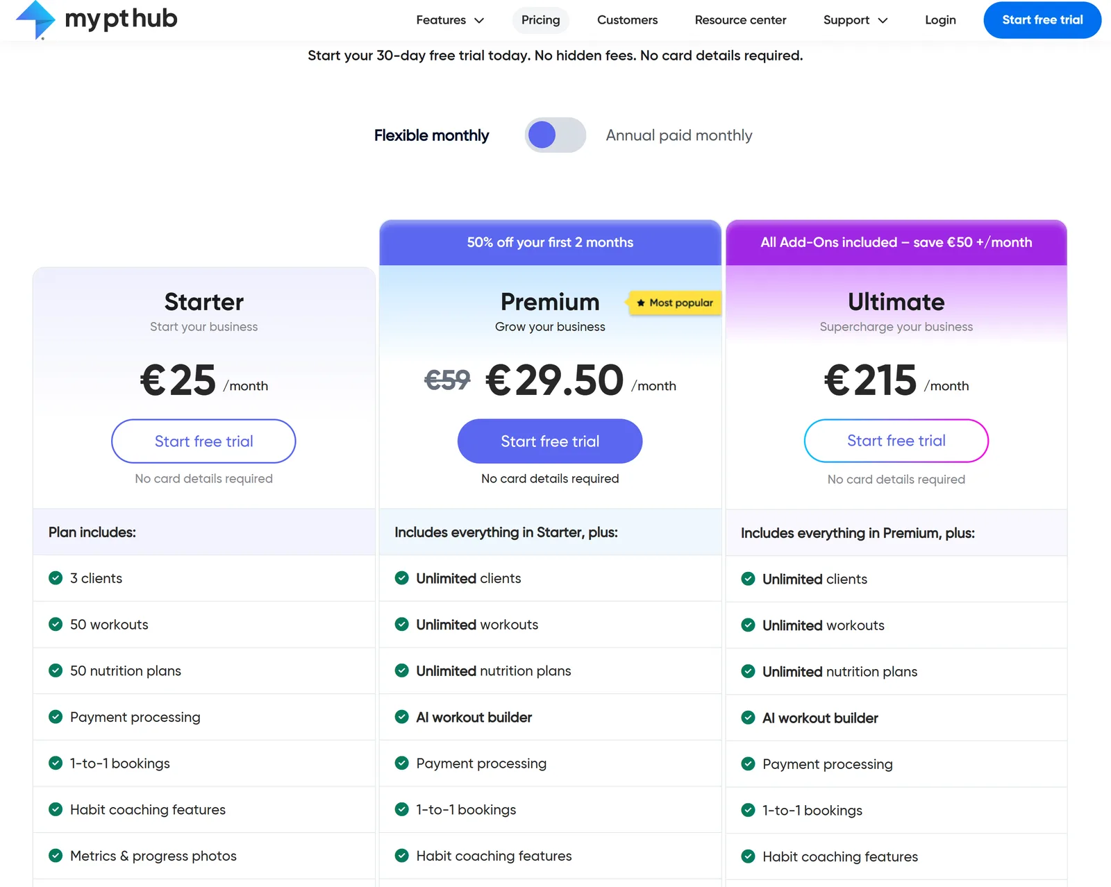 The My PT Hub pricing page, priced in EUR