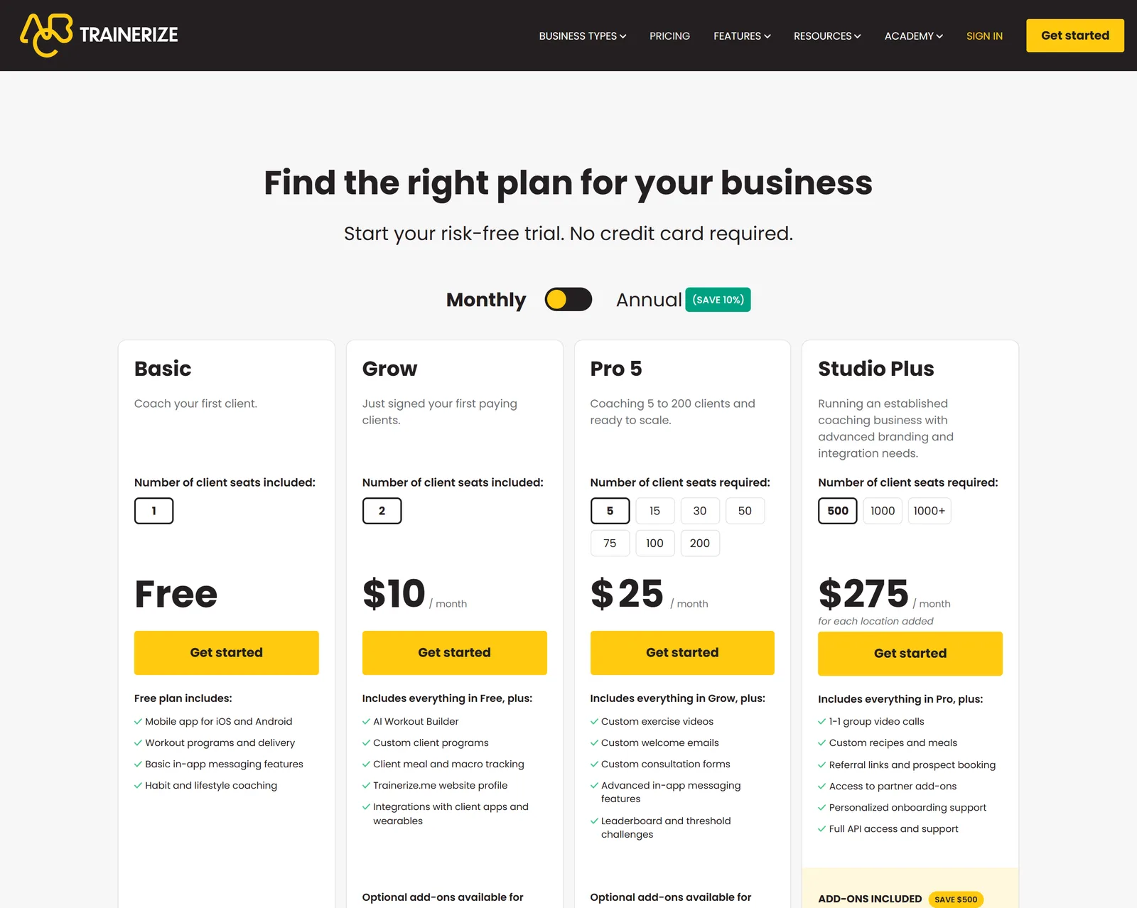 Trainerize plans on monthly billing: Basic free for 1 client, Grow $10, Pro from $25 by client seats, Studio Plus $275