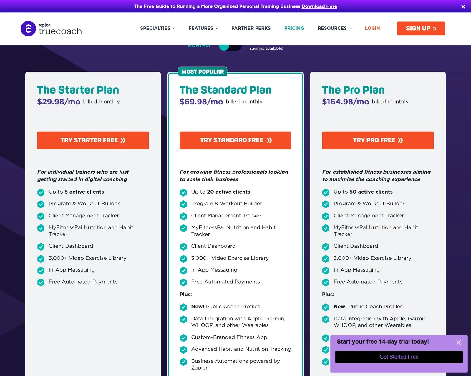 TrueCoach plans on monthly billing: Starter $29.98 for 5 clients, Standard $69.98 for 20, Pro $164.98 for 50