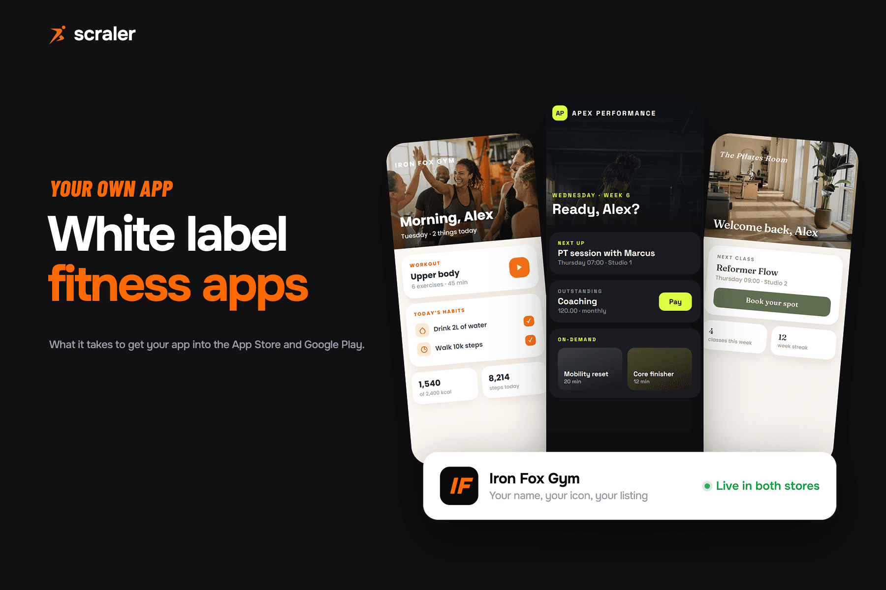 Three coaching apps built on the same platform but designed differently: a gym app with a photo header and habits, a dark performance coaching app with a session and a payment, and a light Pilates studio app with a class booking, next to a store listing for Iron Fox Gym live in both stores