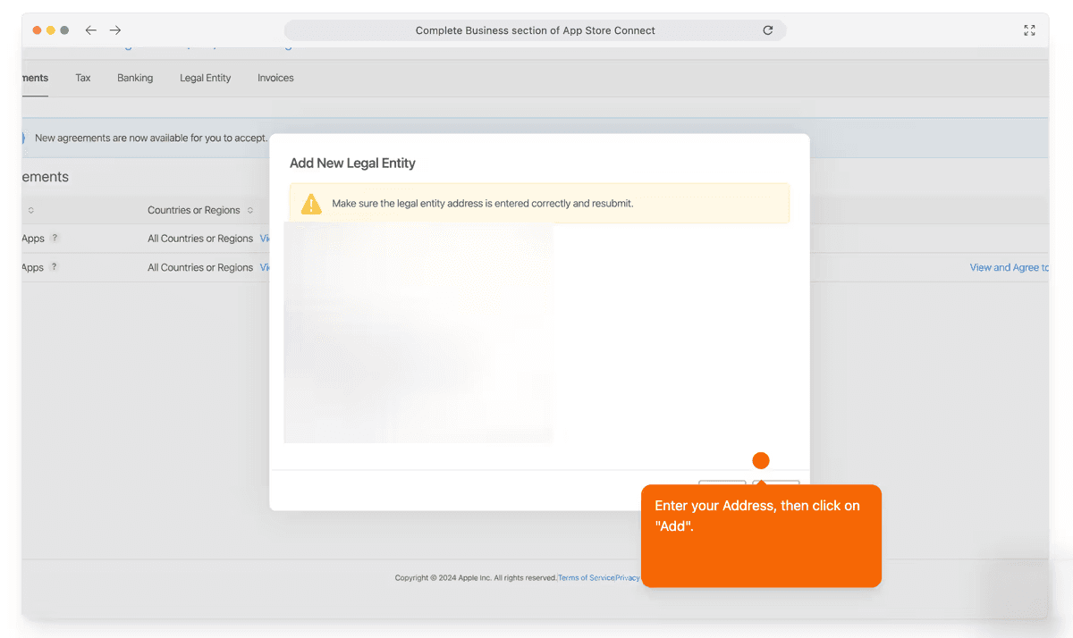 Add New Legal Entity - business address