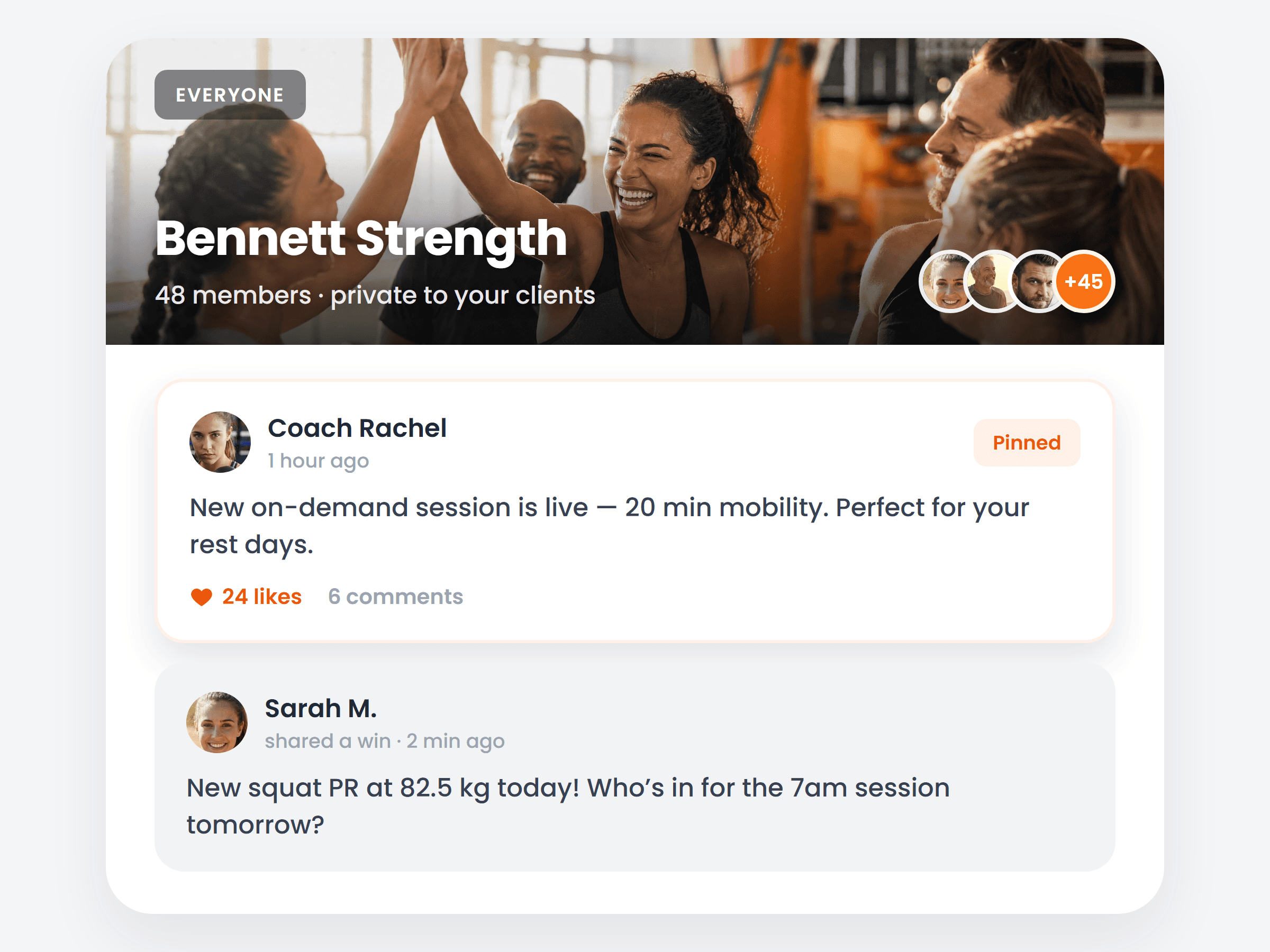 A trainer’s private community feed with a cover photo, member count and posts from clients sharing wins