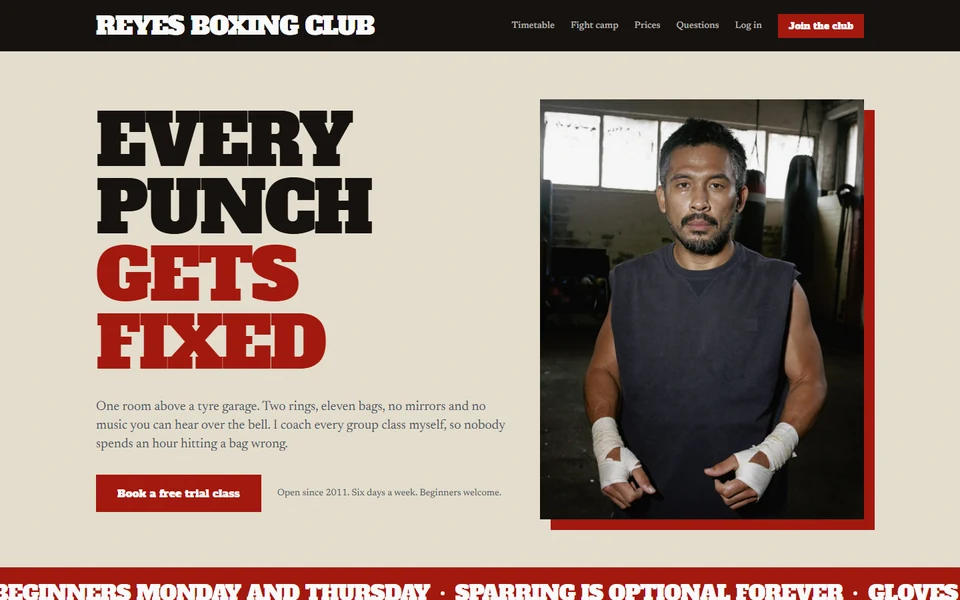 Reyes Boxing Club landing page on desktop