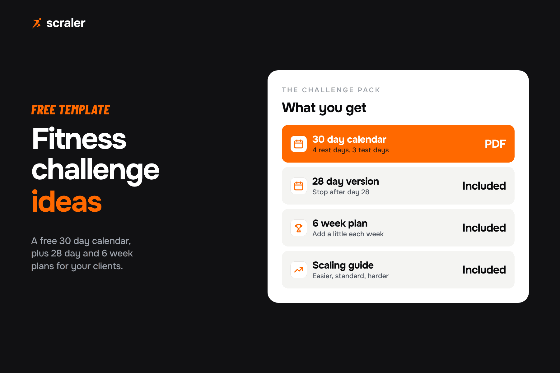 Fitness challenge ideas for clients: a free 30 day calendar with 4 rest days and 3 test days, a 28 day version and a 6 week plan