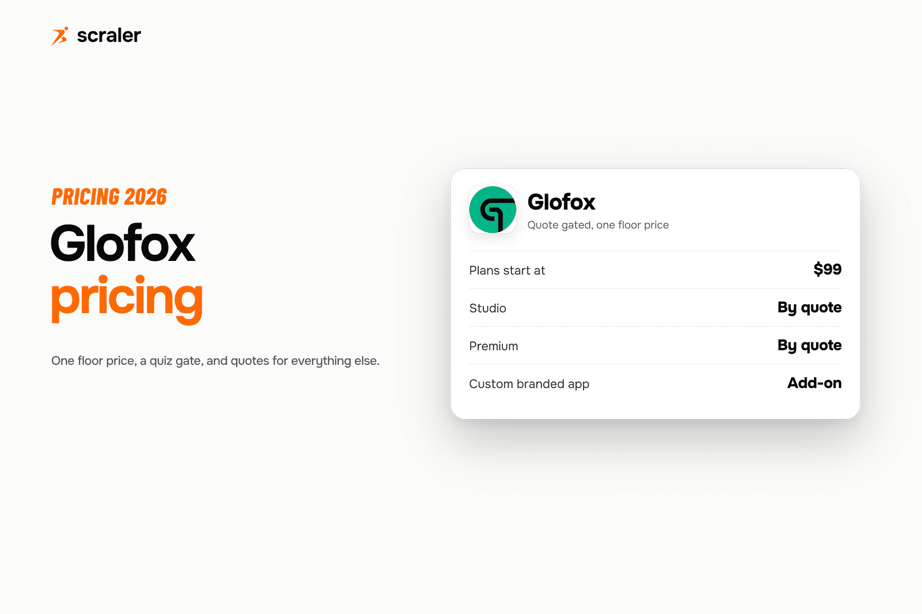 Glofox pricing page showing only a $99 a month starting figure with no price attached to the Essential, Boost or Elite tier