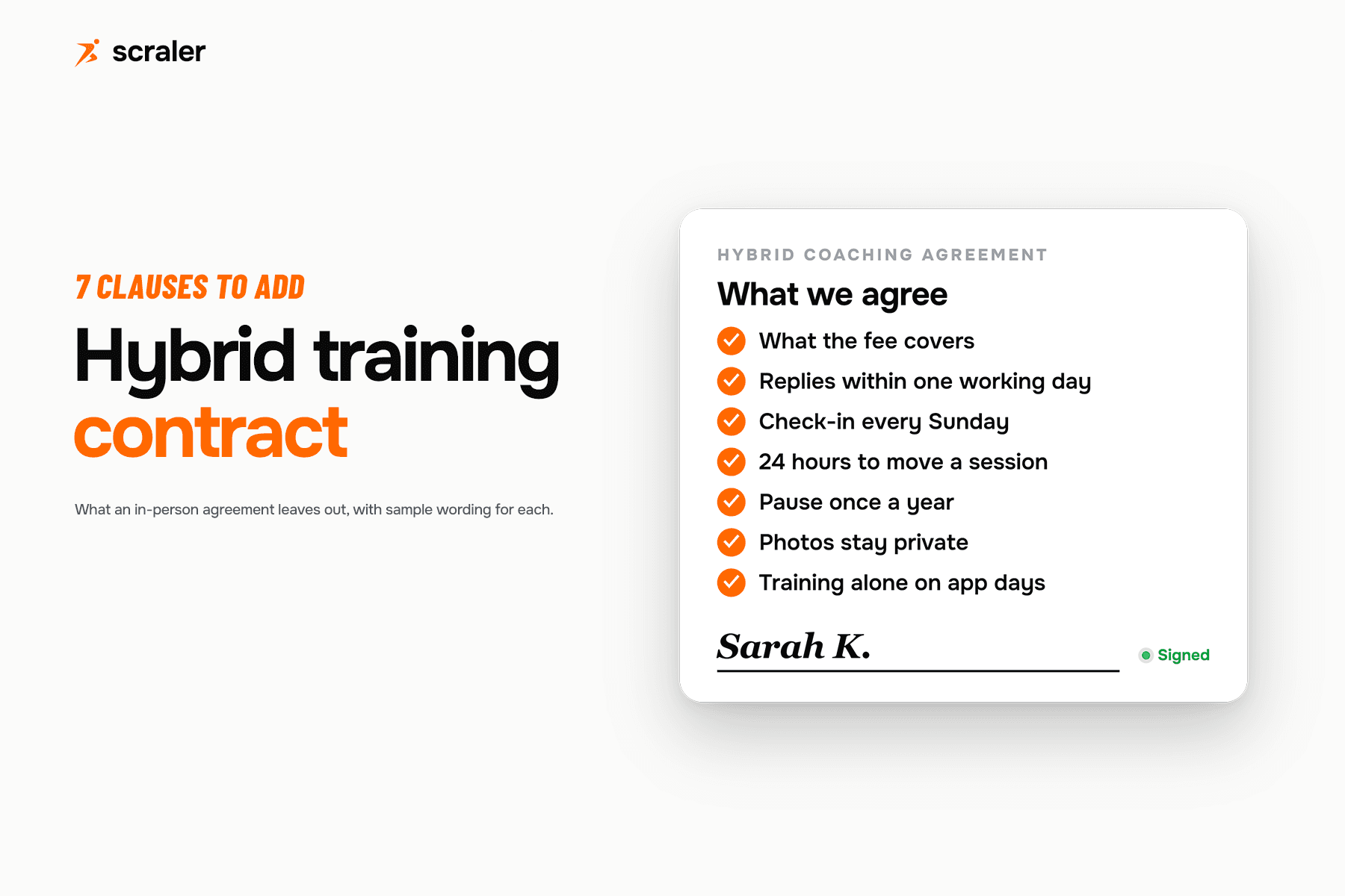 A hybrid personal training contract with seven clauses ticked, covering the monthly fee, replies, check-ins, cancellations, pausing, data and app workouts