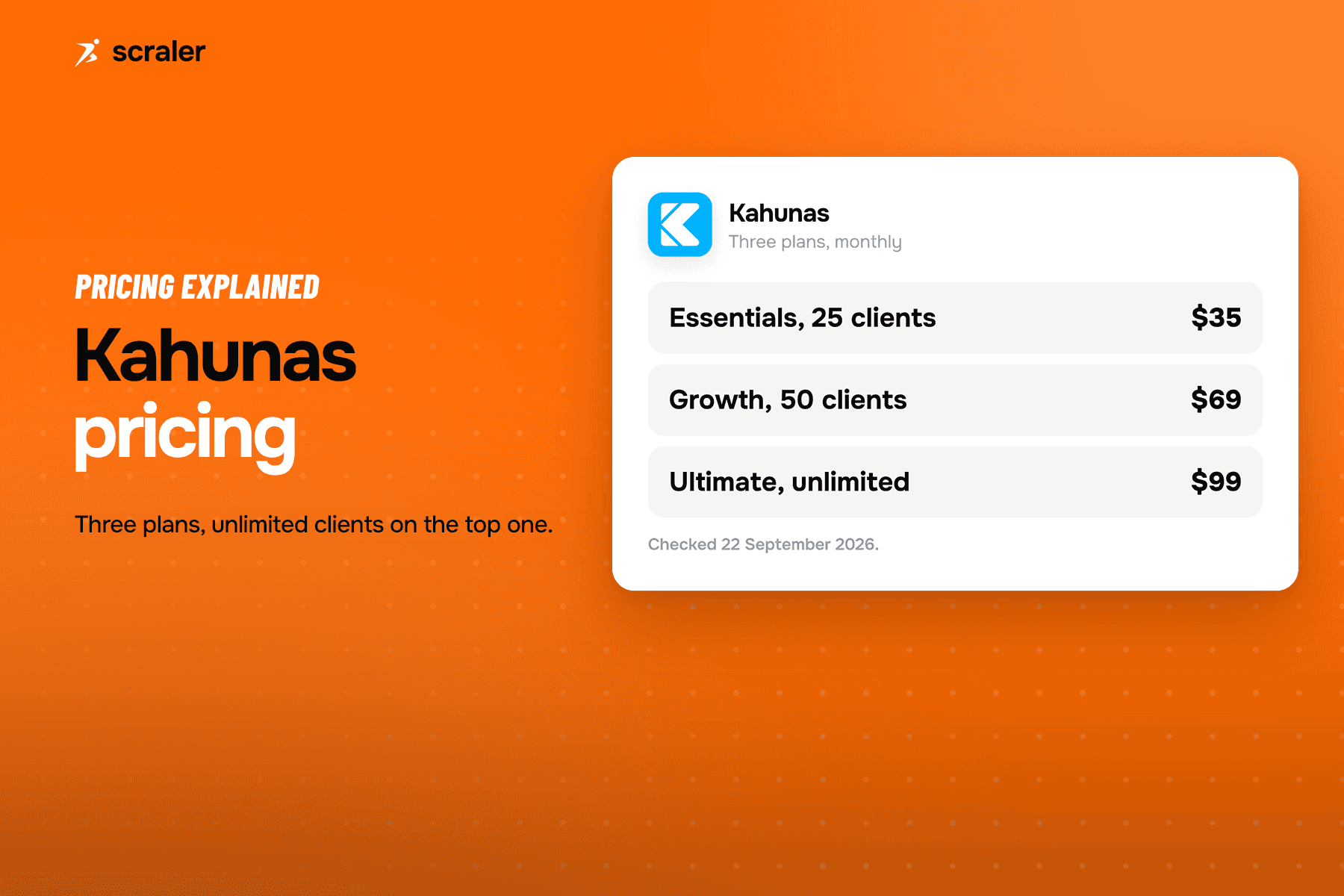 Kahunas pricing tiers, Essentials, Growth and Ultimate, shown next to their client caps and monthly price