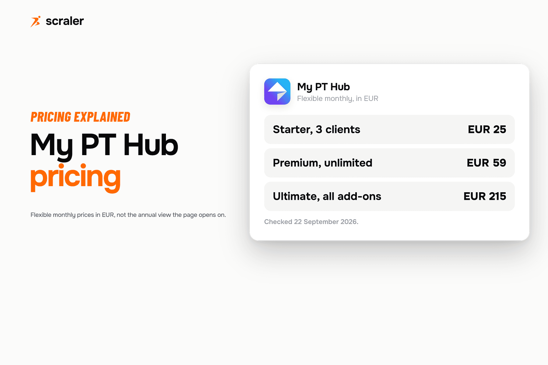 My PT Hub pricing tiers, Starter, Premium and Ultimate, shown in EUR next to their client caps