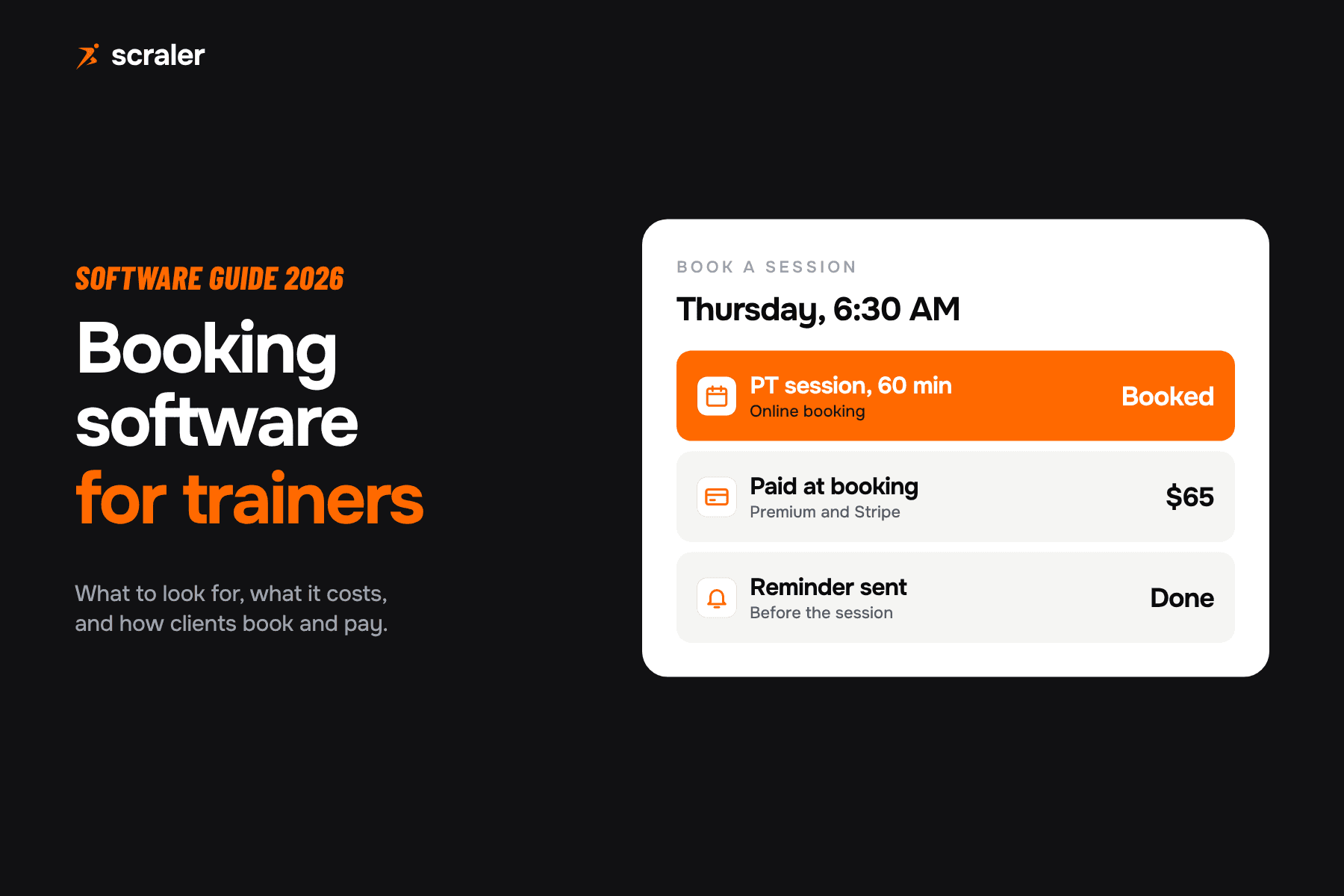 Personal training booking software: a client books a 6:30 AM session, pays at booking and gets a reminder