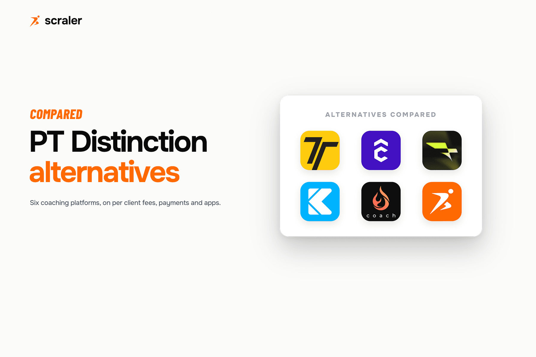 App icons for Trainerize, TrueCoach, Everfit, Kahunas, FitBudd and Scraler, compared as alternatives to PT Distinction