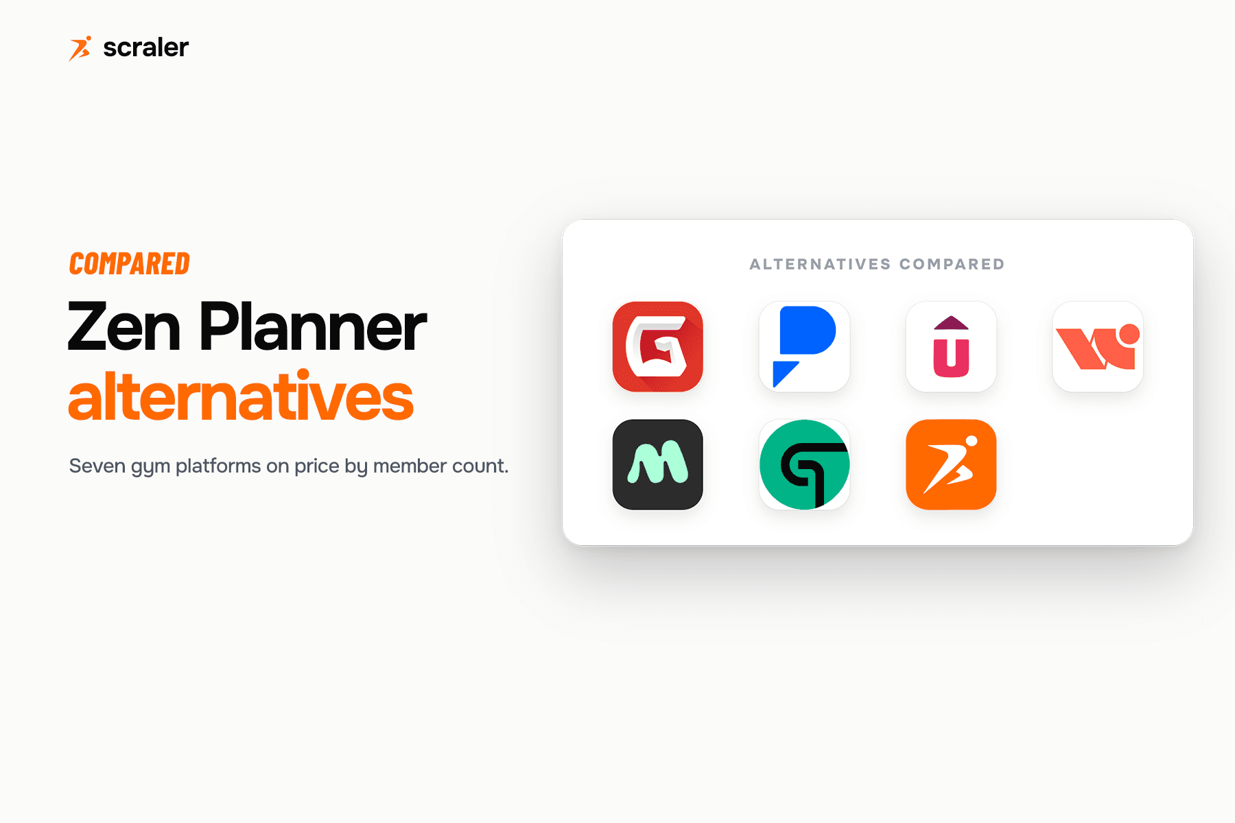 App icons for Gymdesk, PushPress, TeamUp, Wodify, Mindbody, Glofox and Scraler, compared as alternatives to Zen Planner