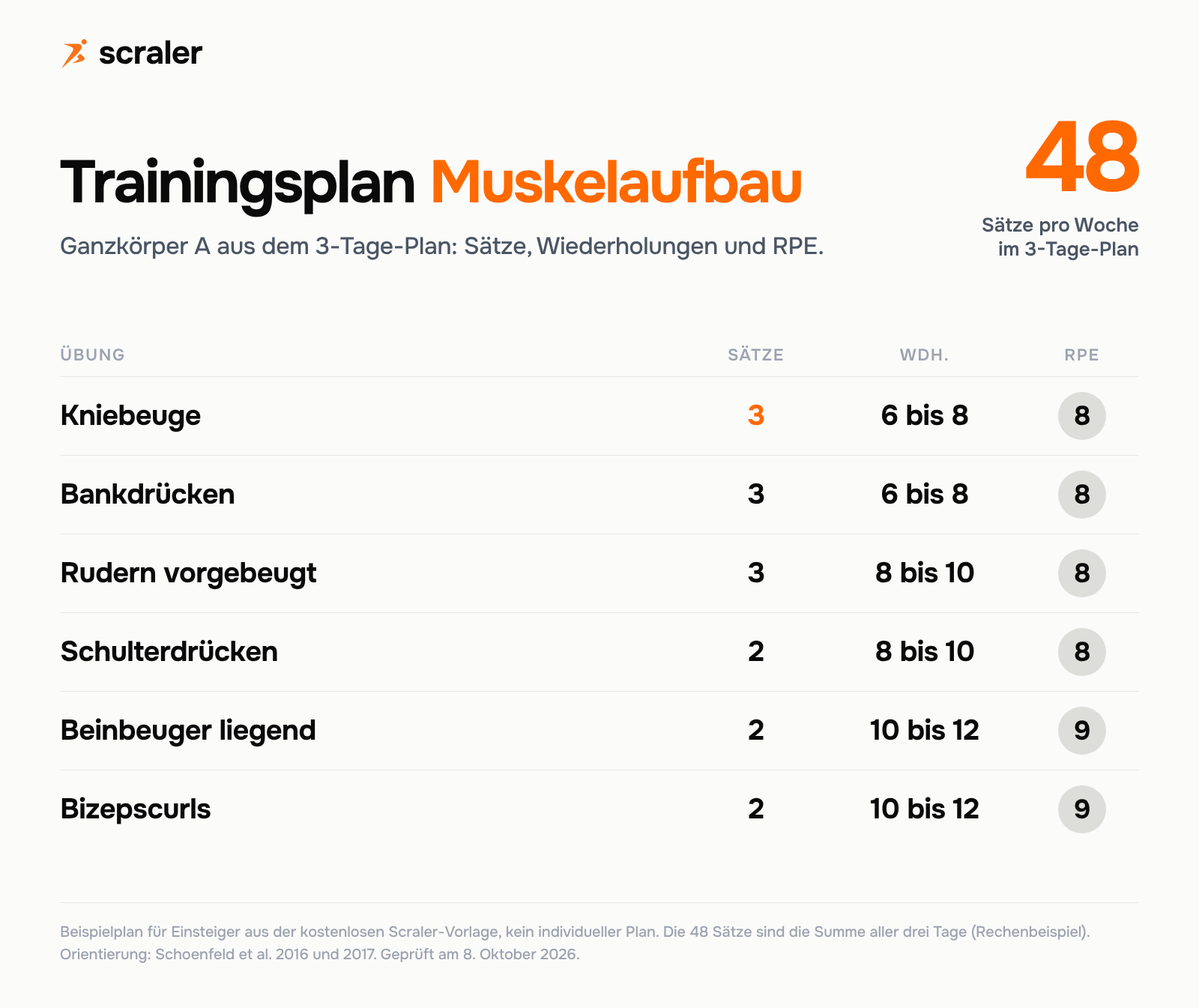 Trainingsplan Muskelaufbau 3 Tage: Ganzkörper A mit Kniebeuge, Bankdrücken, Rudern vorgebeugt, Schulterdrücken, Beinbeuger und Bizepscurls samt Sätzen, Wiederholungen und RPE