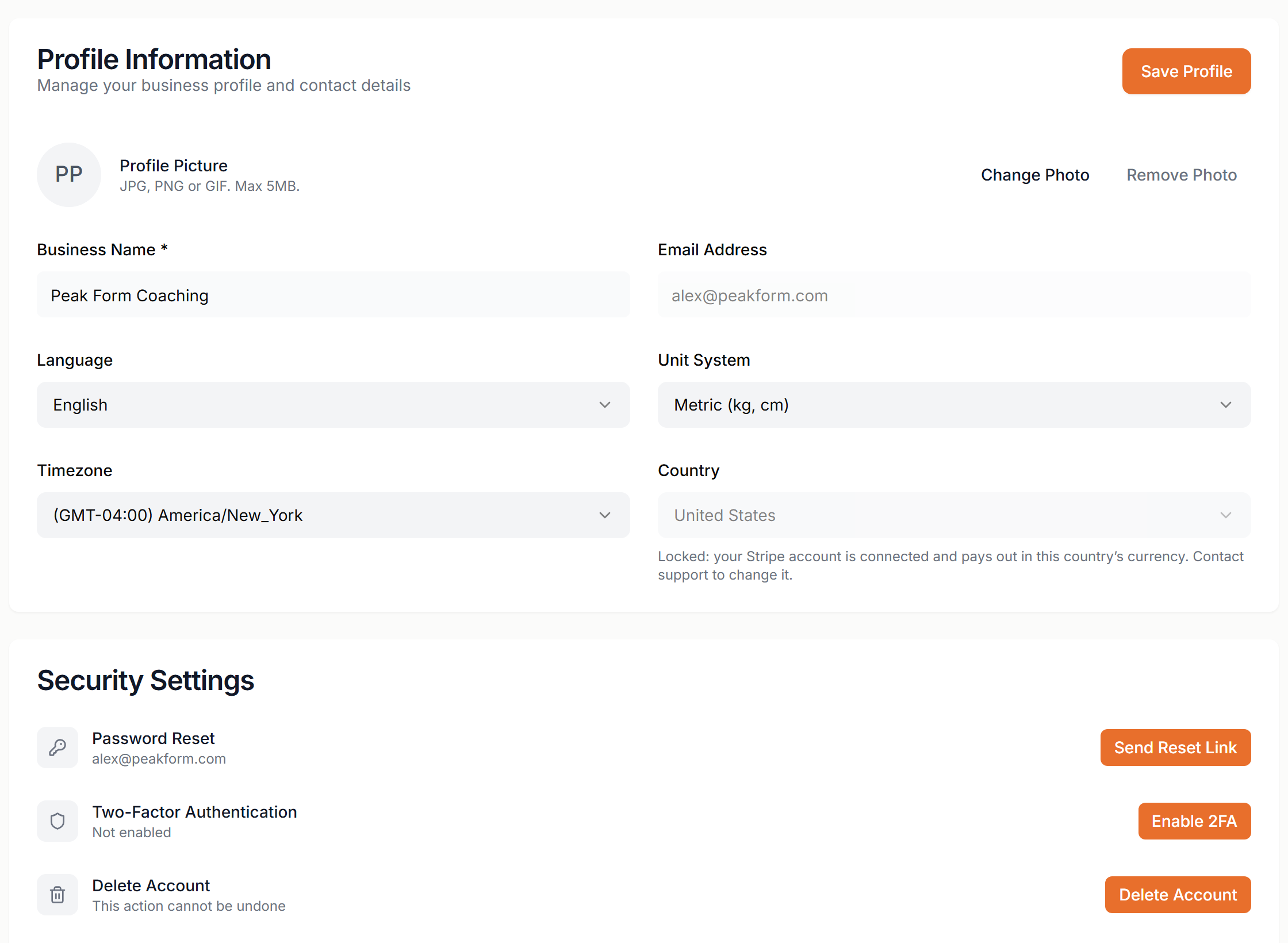 Profile Information and Security Settings