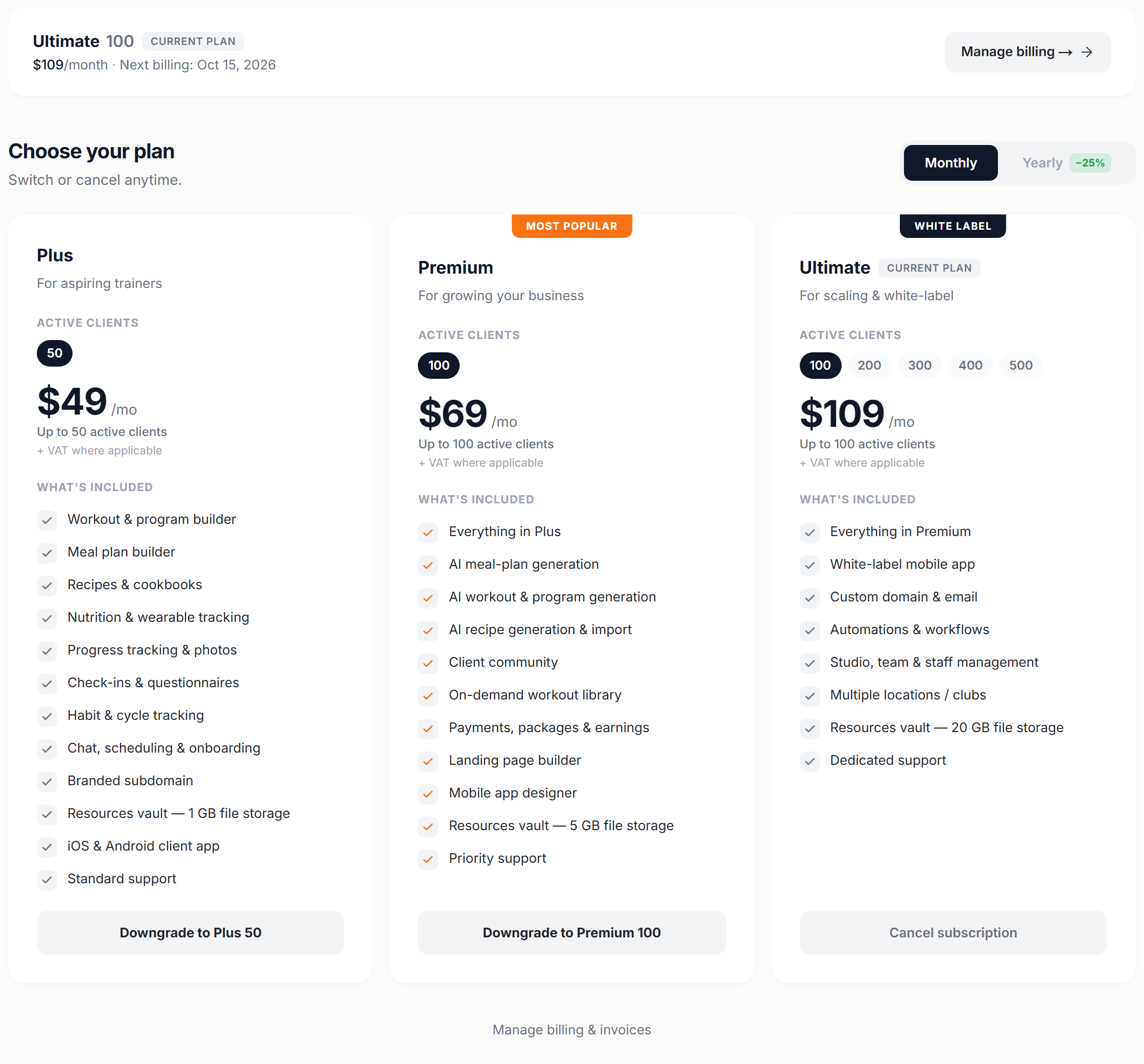 The Subscription tab with the plan cards