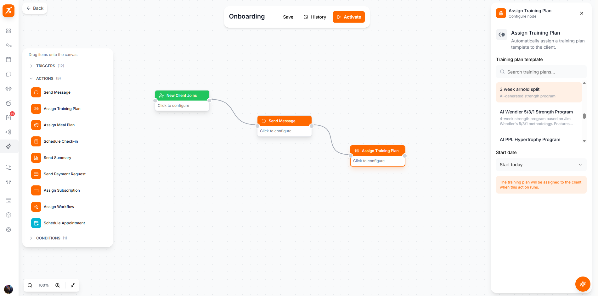 Action configuration panel