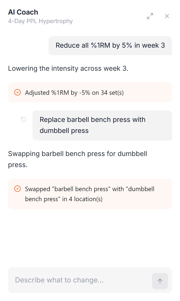 An example exchange in the AI Coach: two requests, each followed by a summary of the change