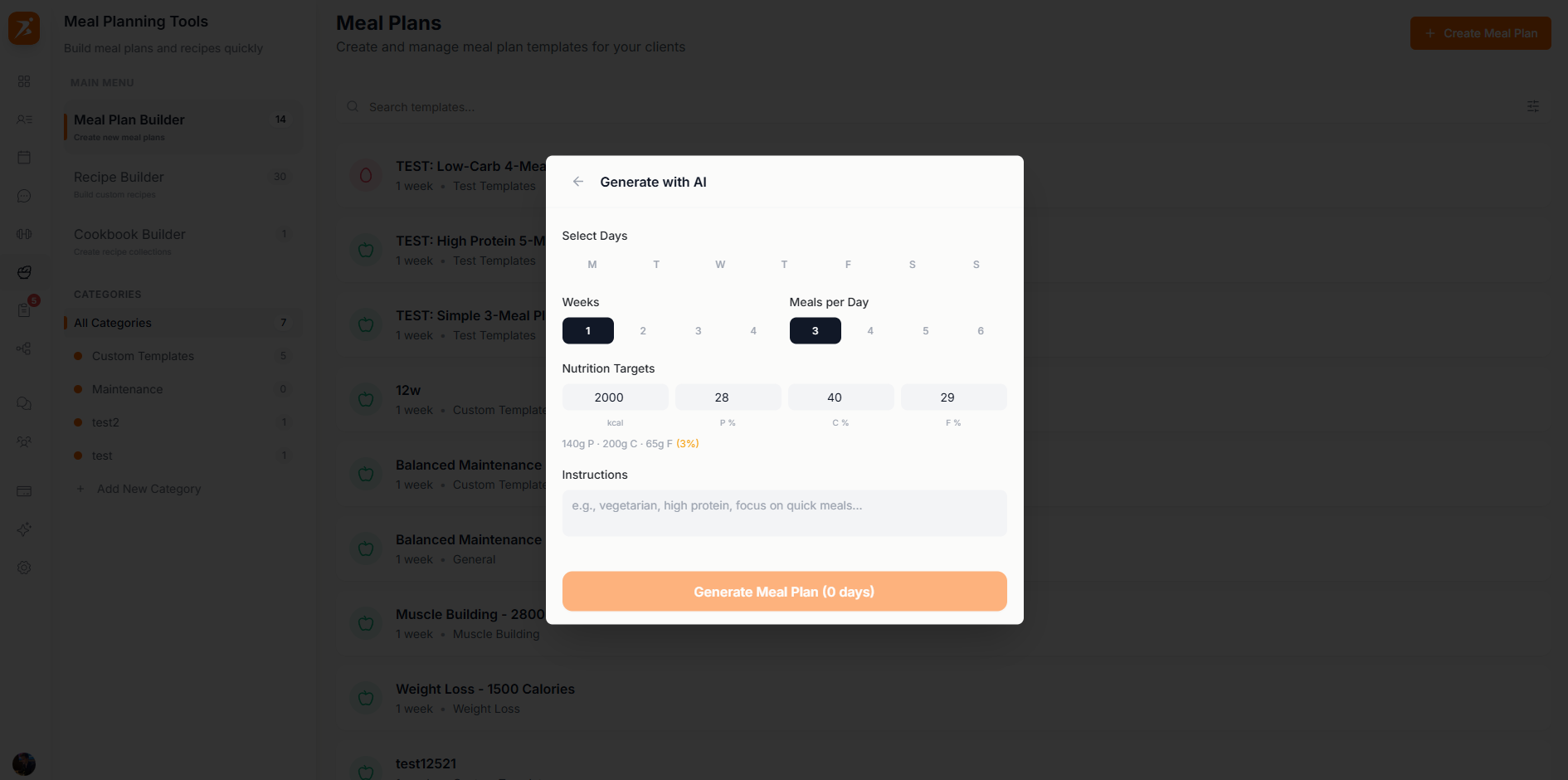 AI meal plan configuration dialog