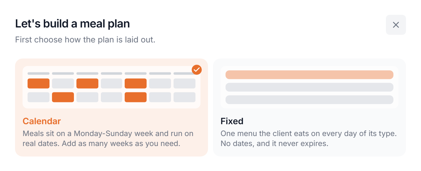 Step 1 of the AI meal plan popup: Calendar or Fixed