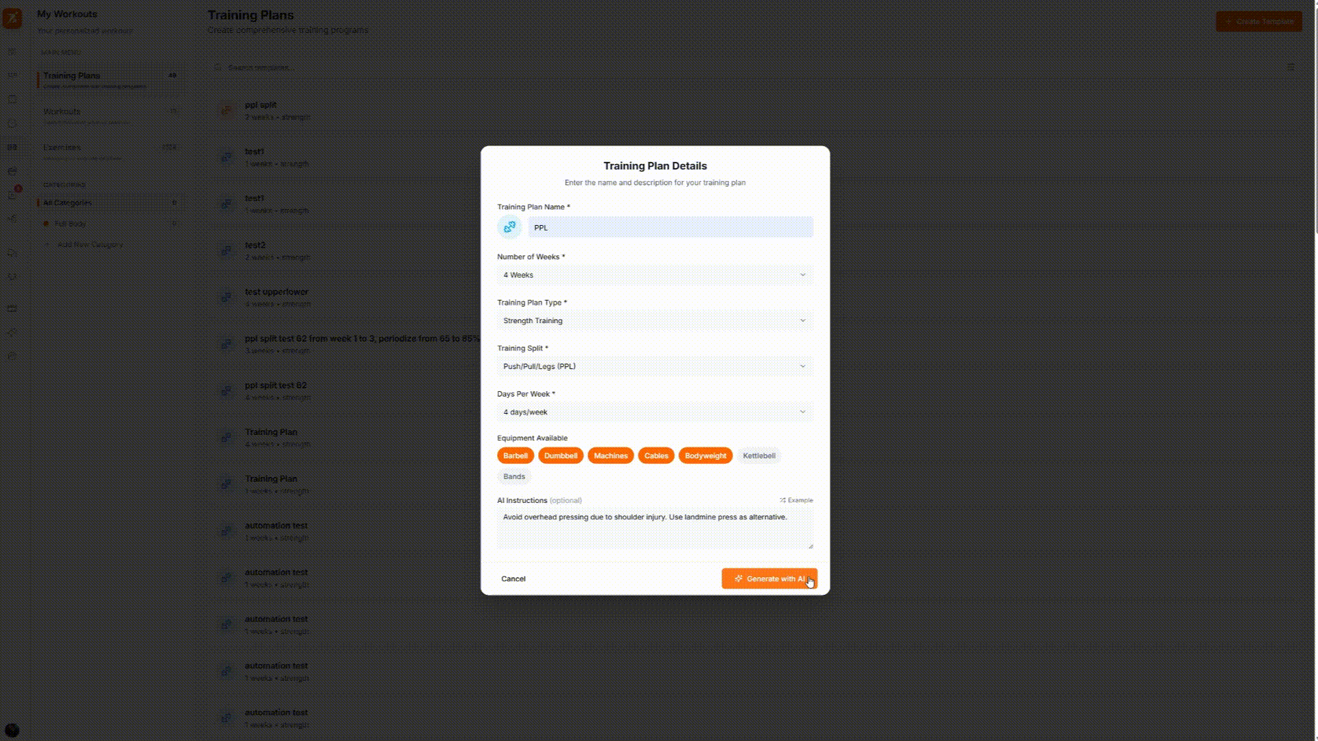 AI generating a training plan