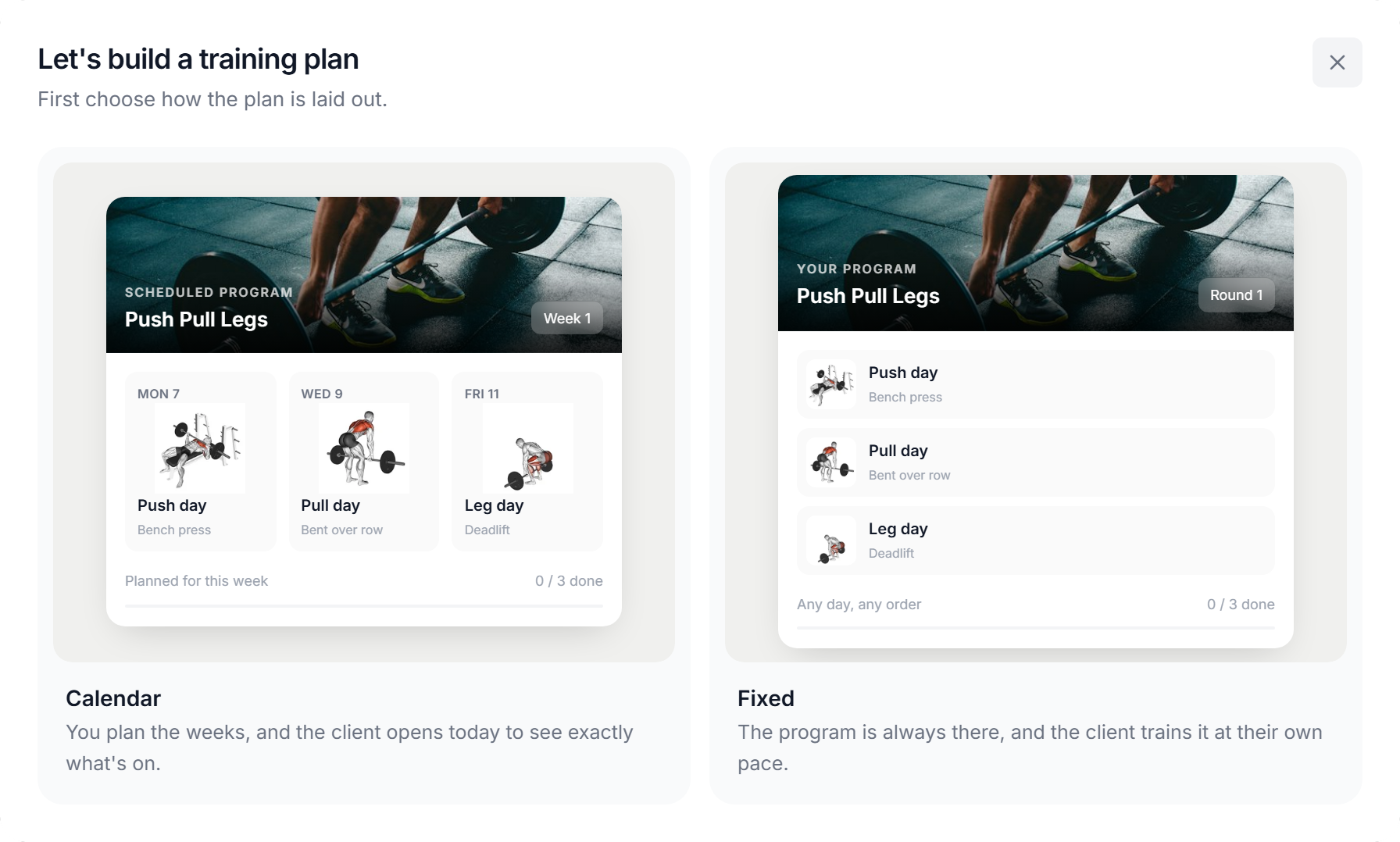 Step 1 of the AI plan popup: Calendar or Fixed