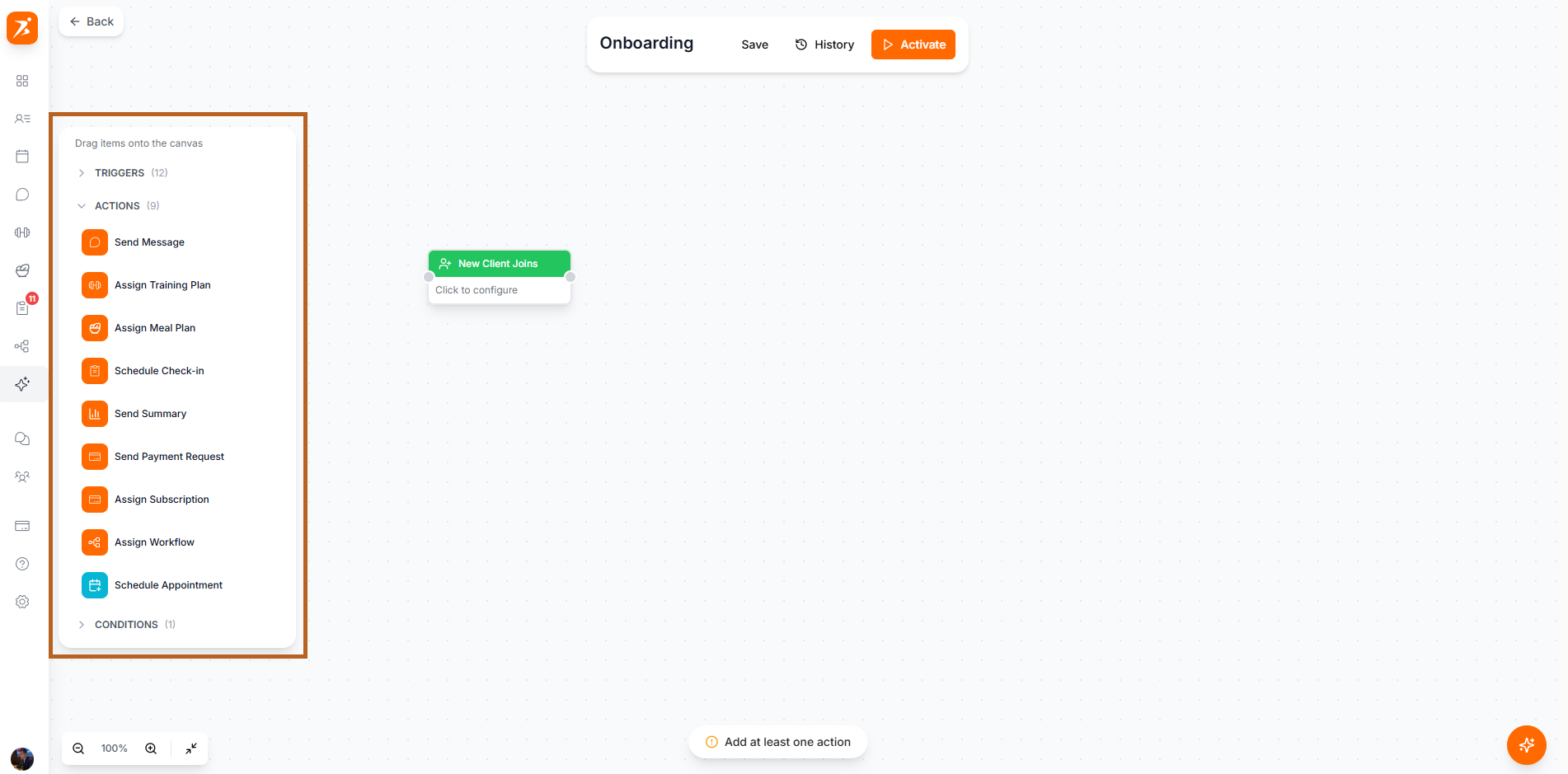 Automation actions panel