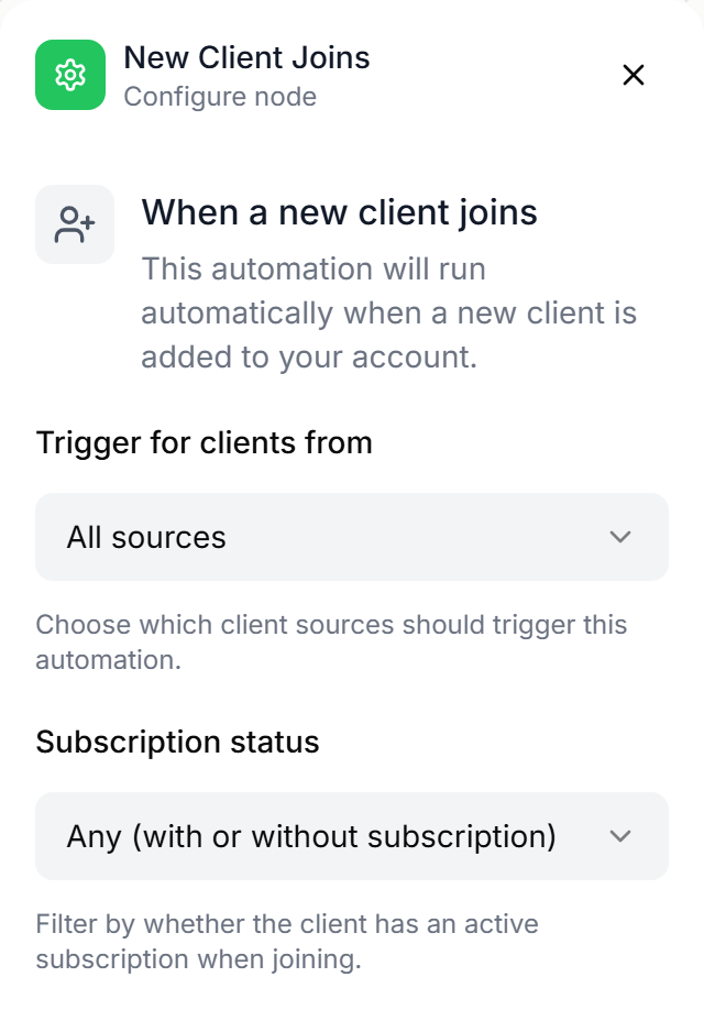 The New Client Joins panel