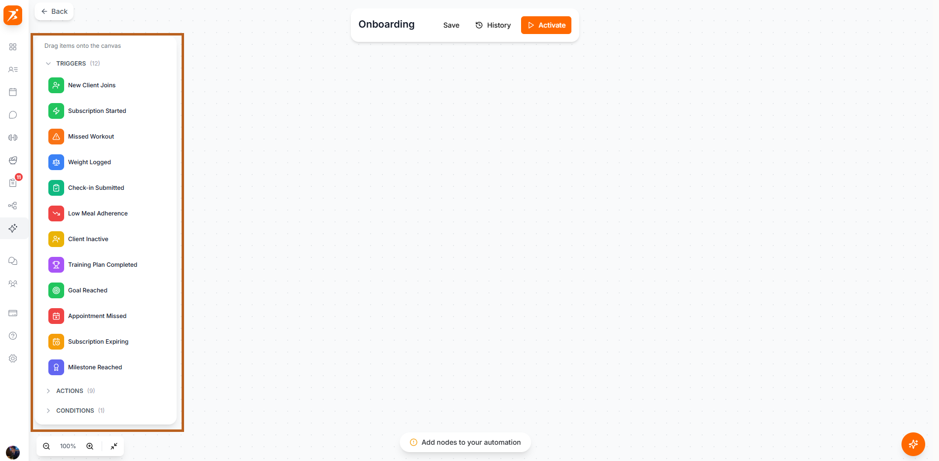 Automation triggers panel