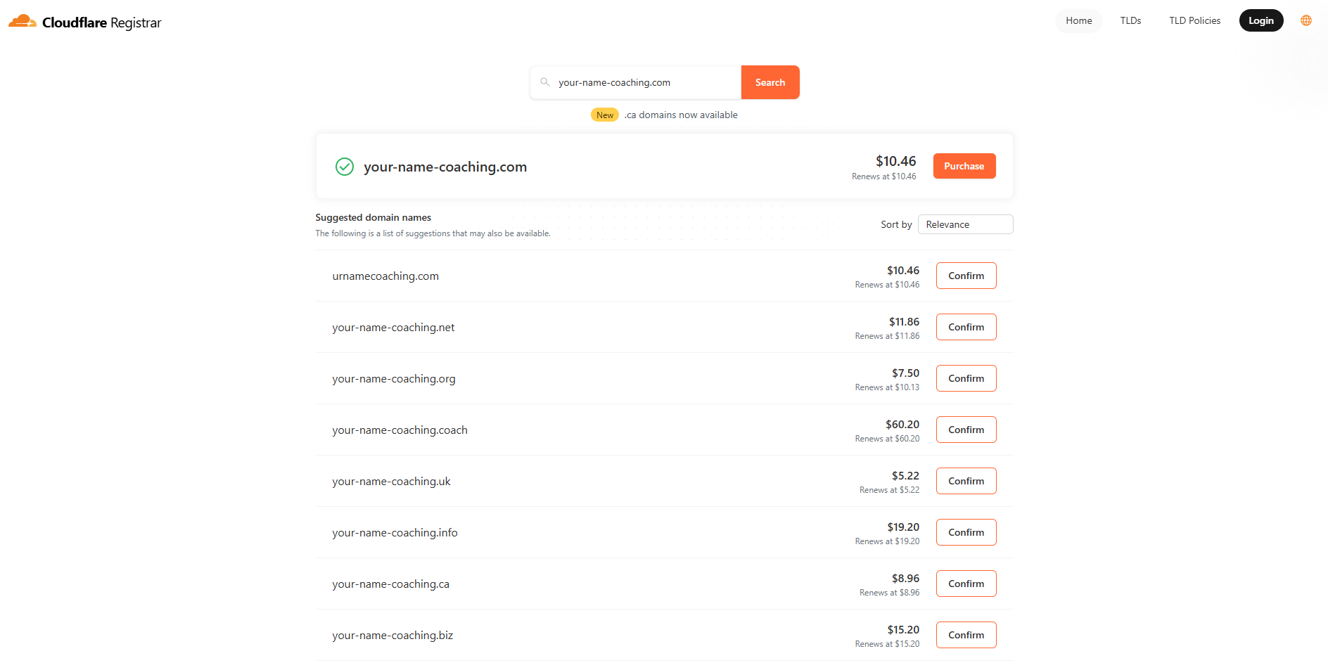 Domain registrar example