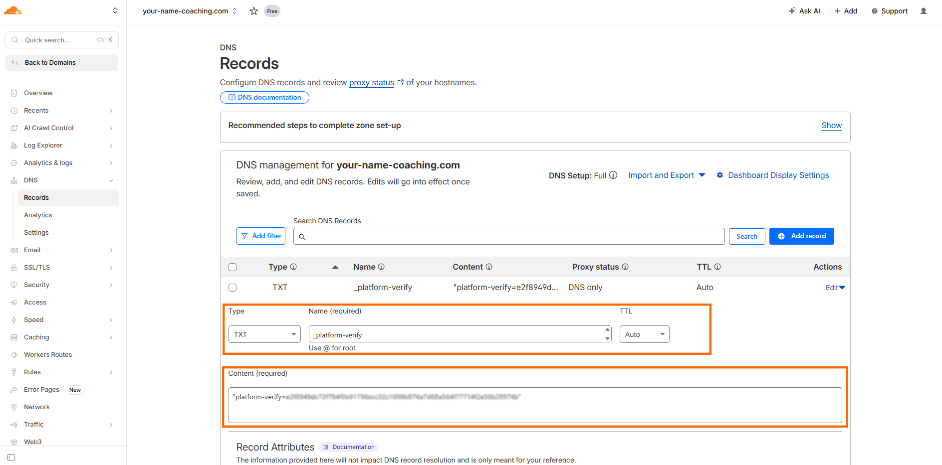 Adding TXT record in DNS panel