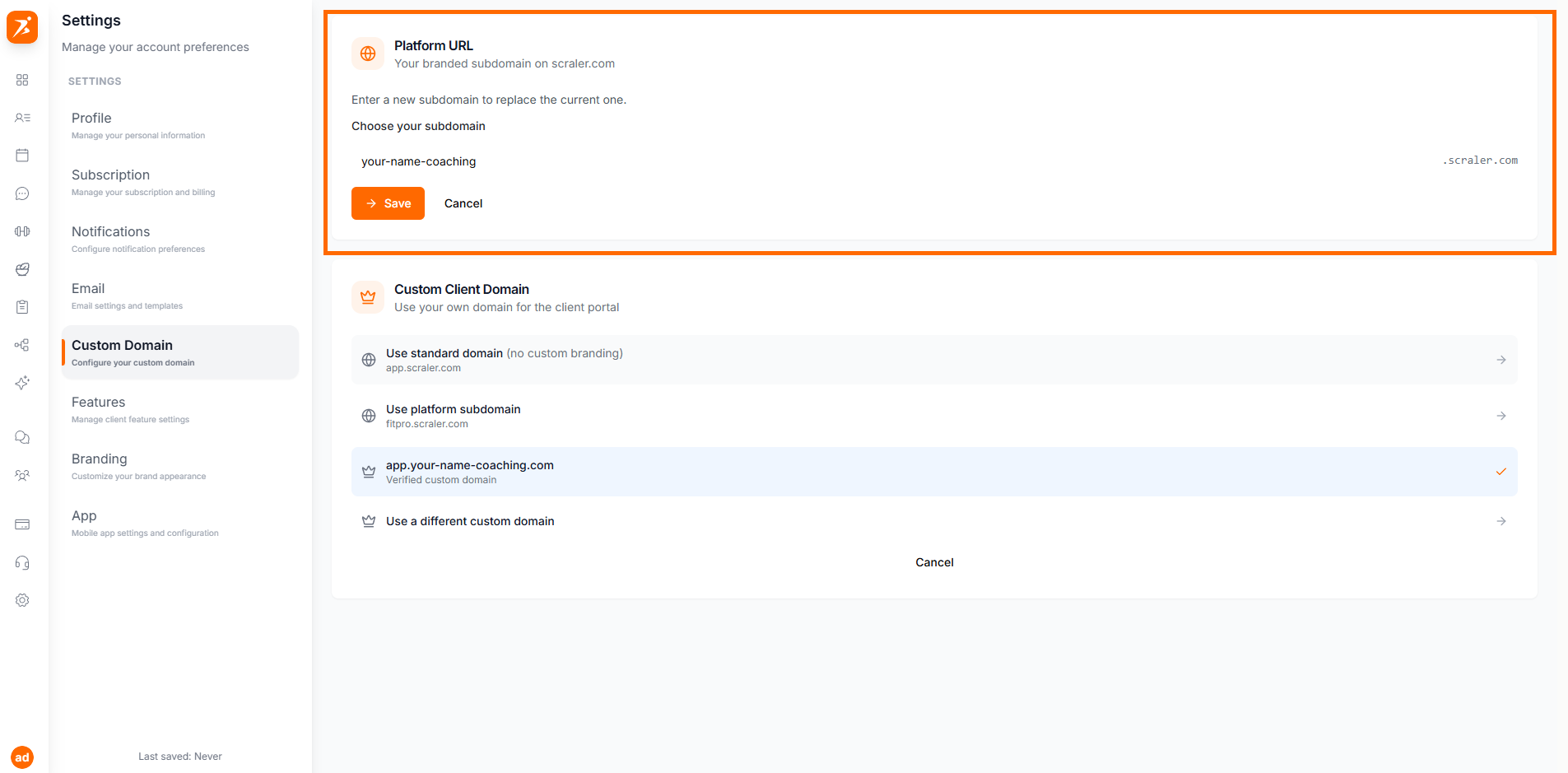 Custom domain settings tab