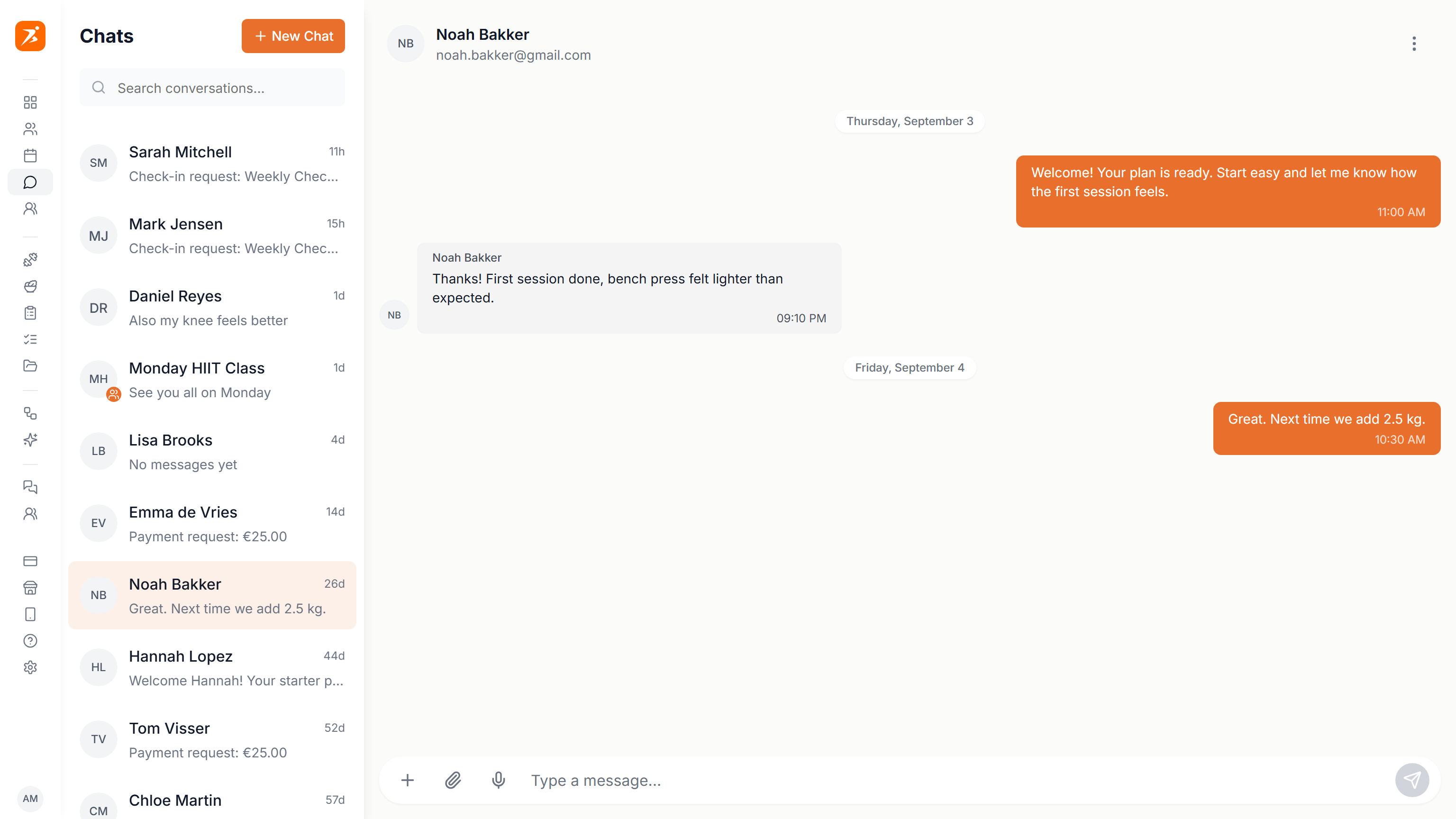 The Chats page with the conversation list and an open conversation
