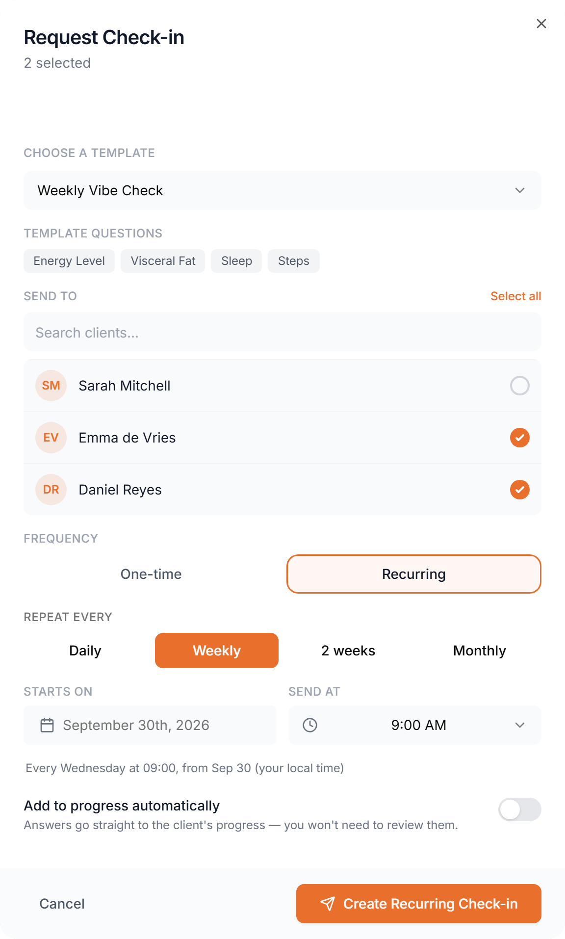 Request Check-in dialog set to a weekly recurring check-in for two clients