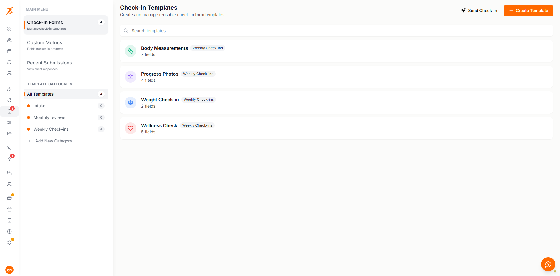 Check-in template categories