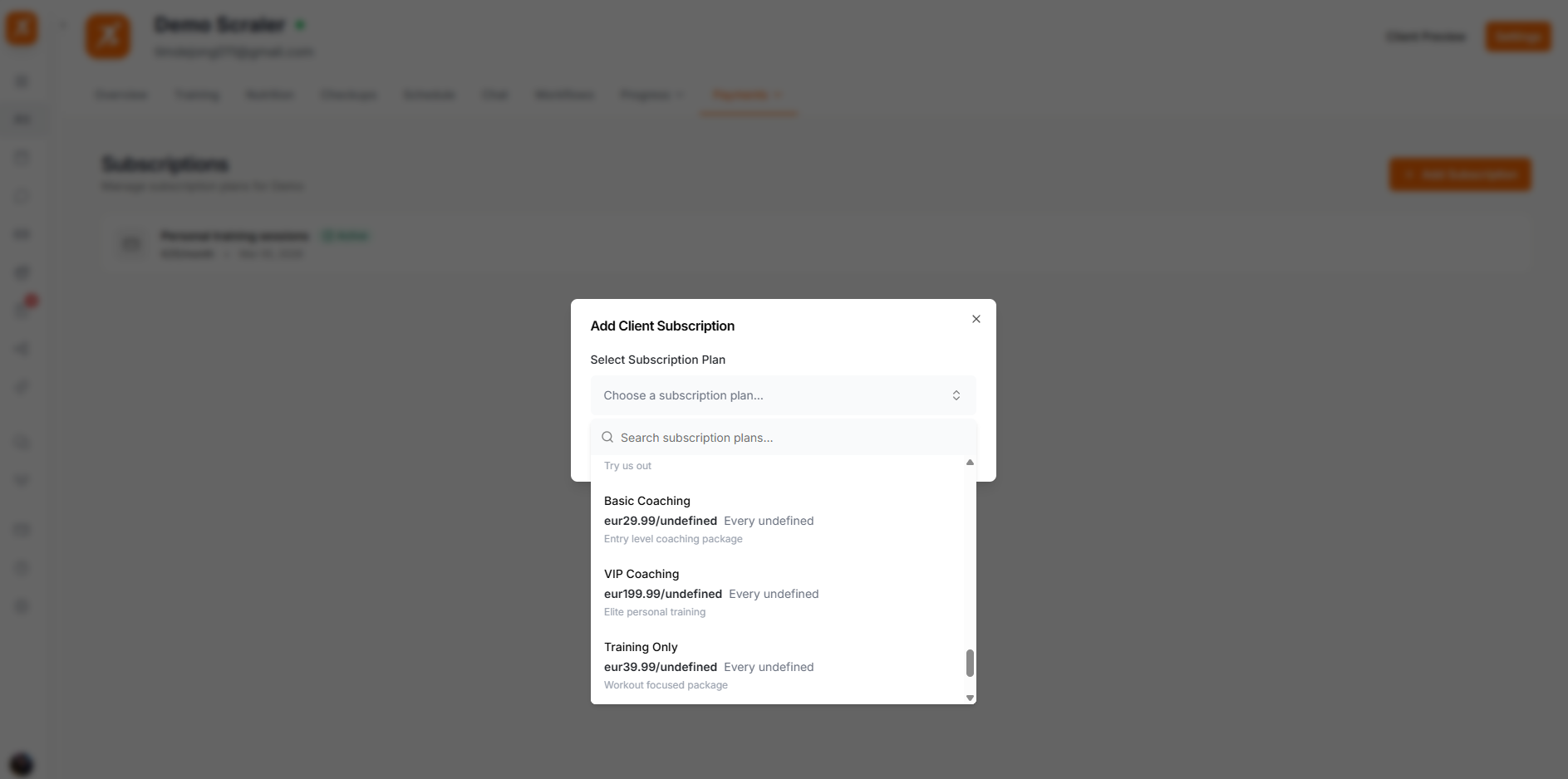 Create subscription dialog