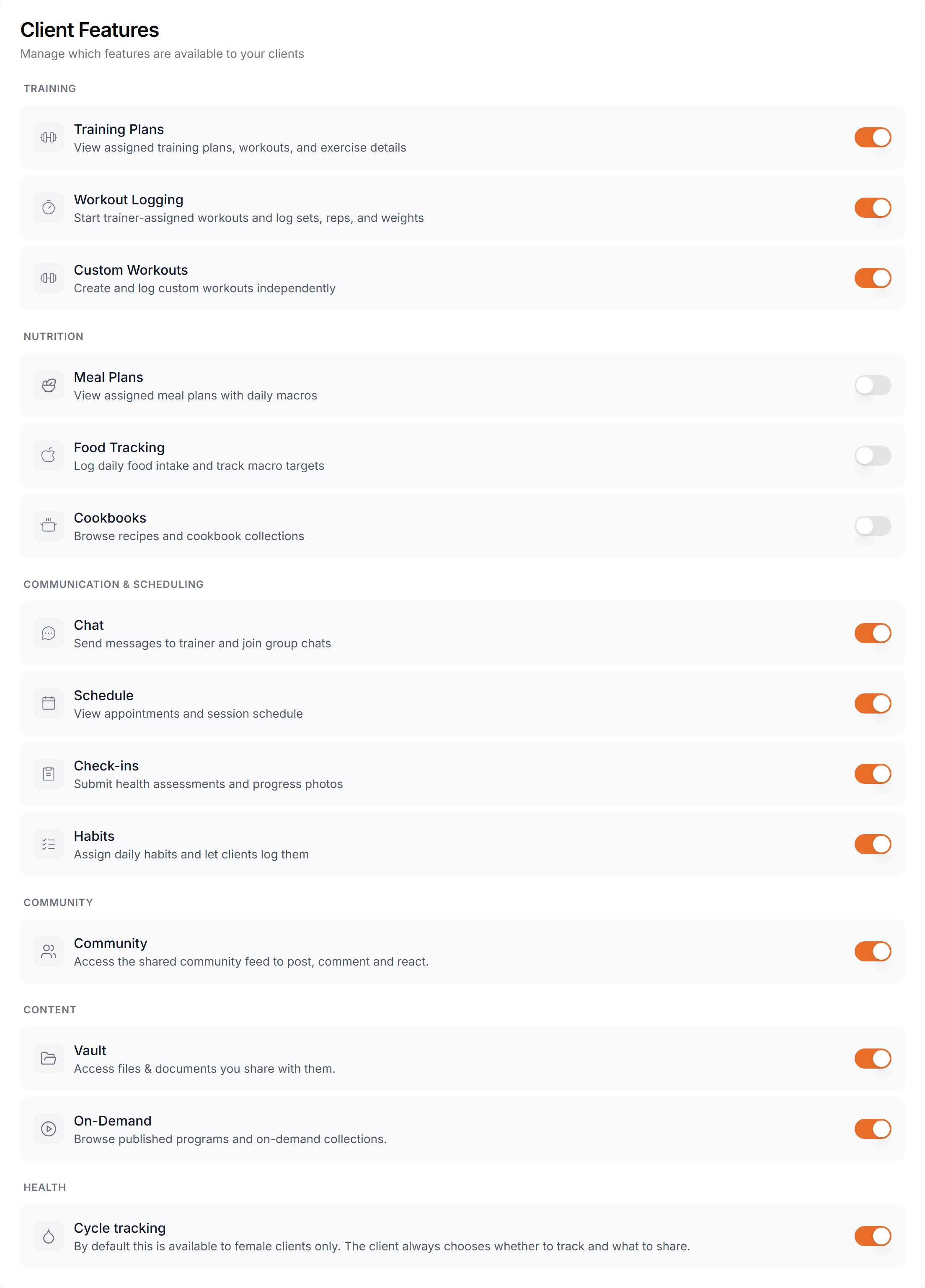 The Client Features card with one toggle per feature