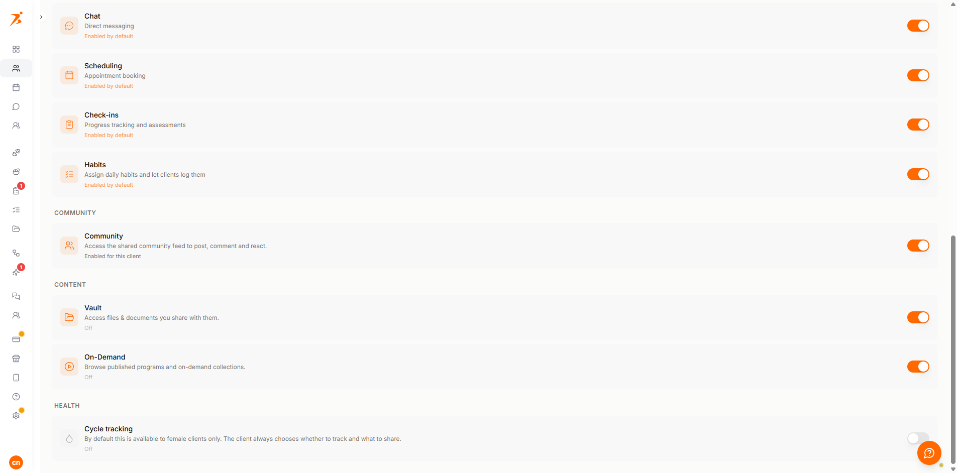Cycle tracking toggle in Client Features