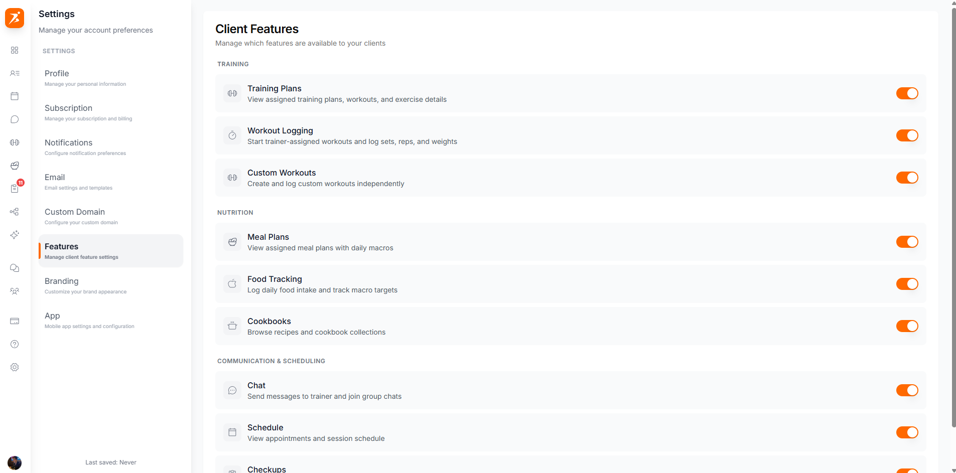 Client features settings