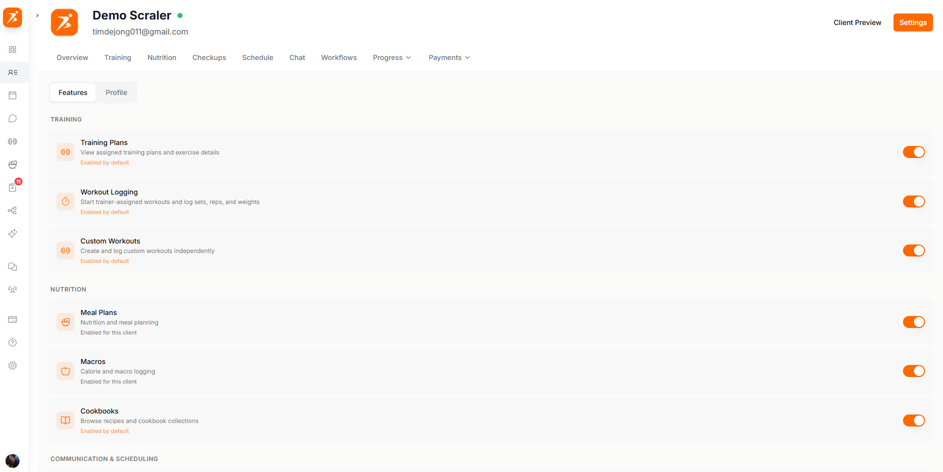 Client settings — feature toggles