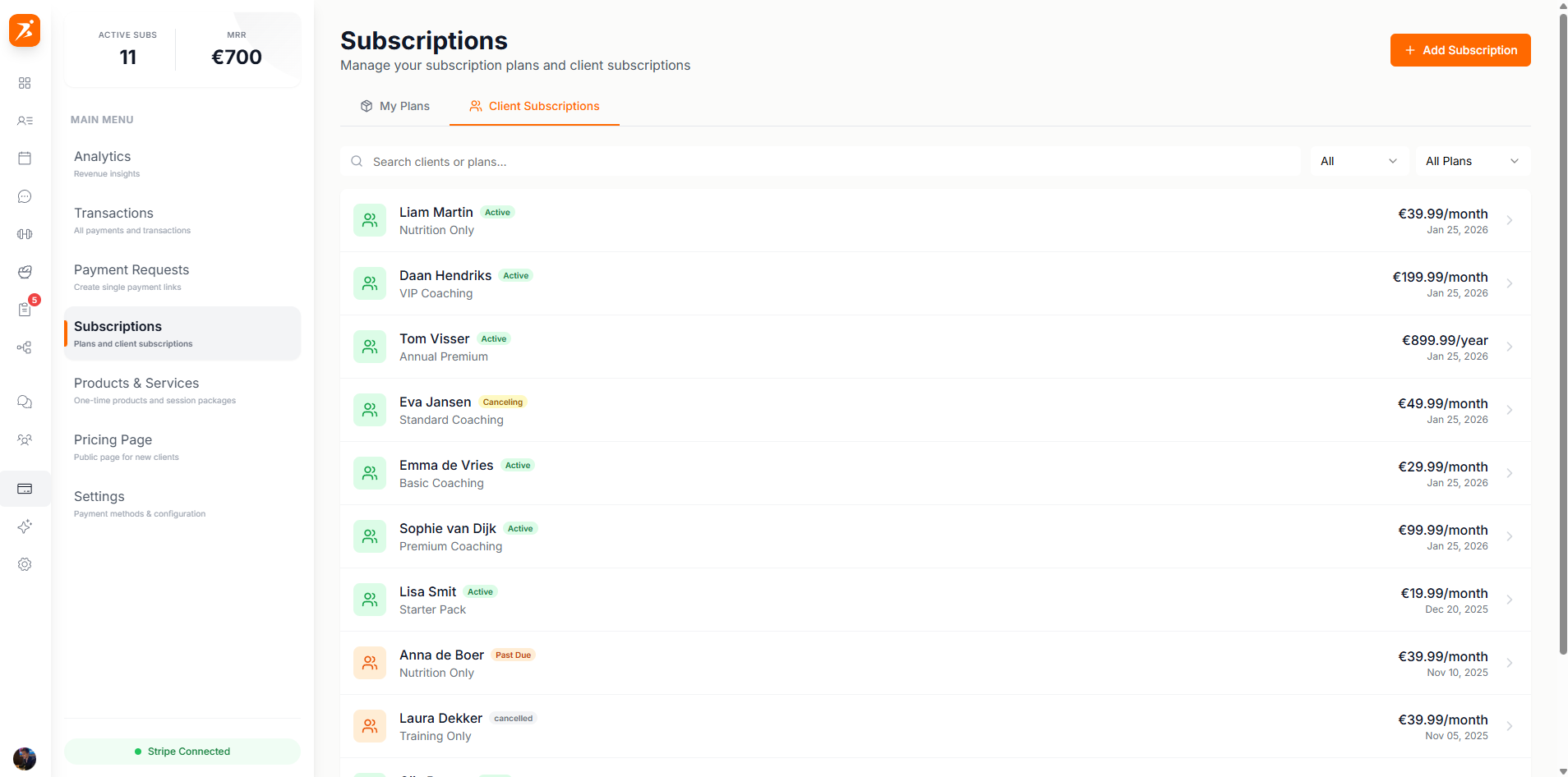 Client subscriptions with filters