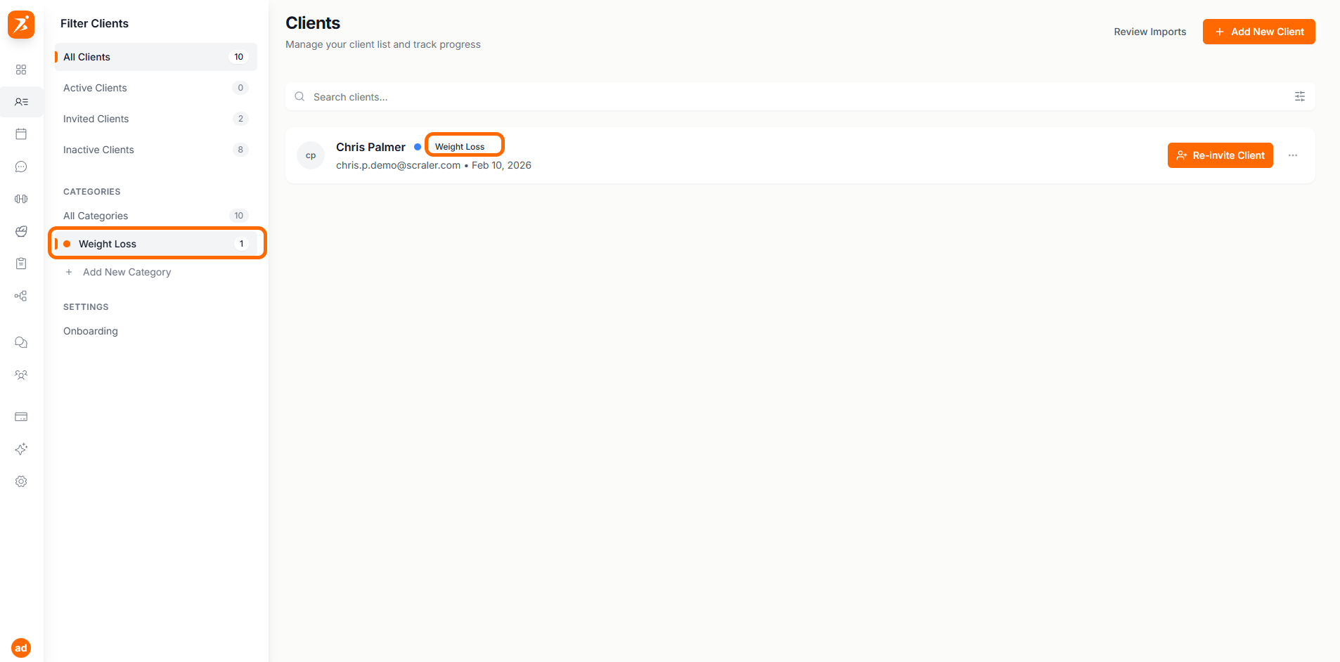 Client categories and filtering