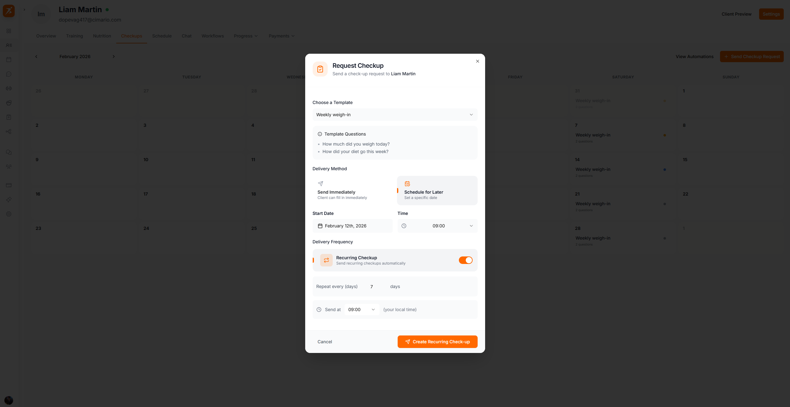 Create checkup dialog
