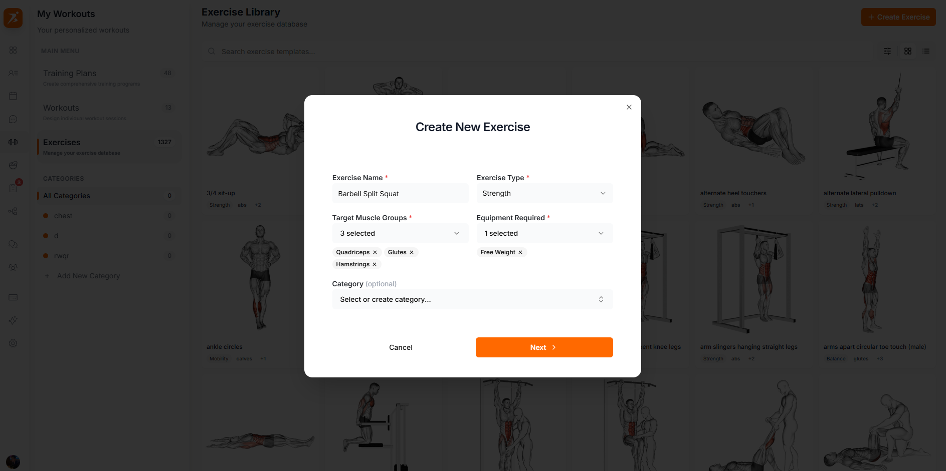 Create exercise wizard