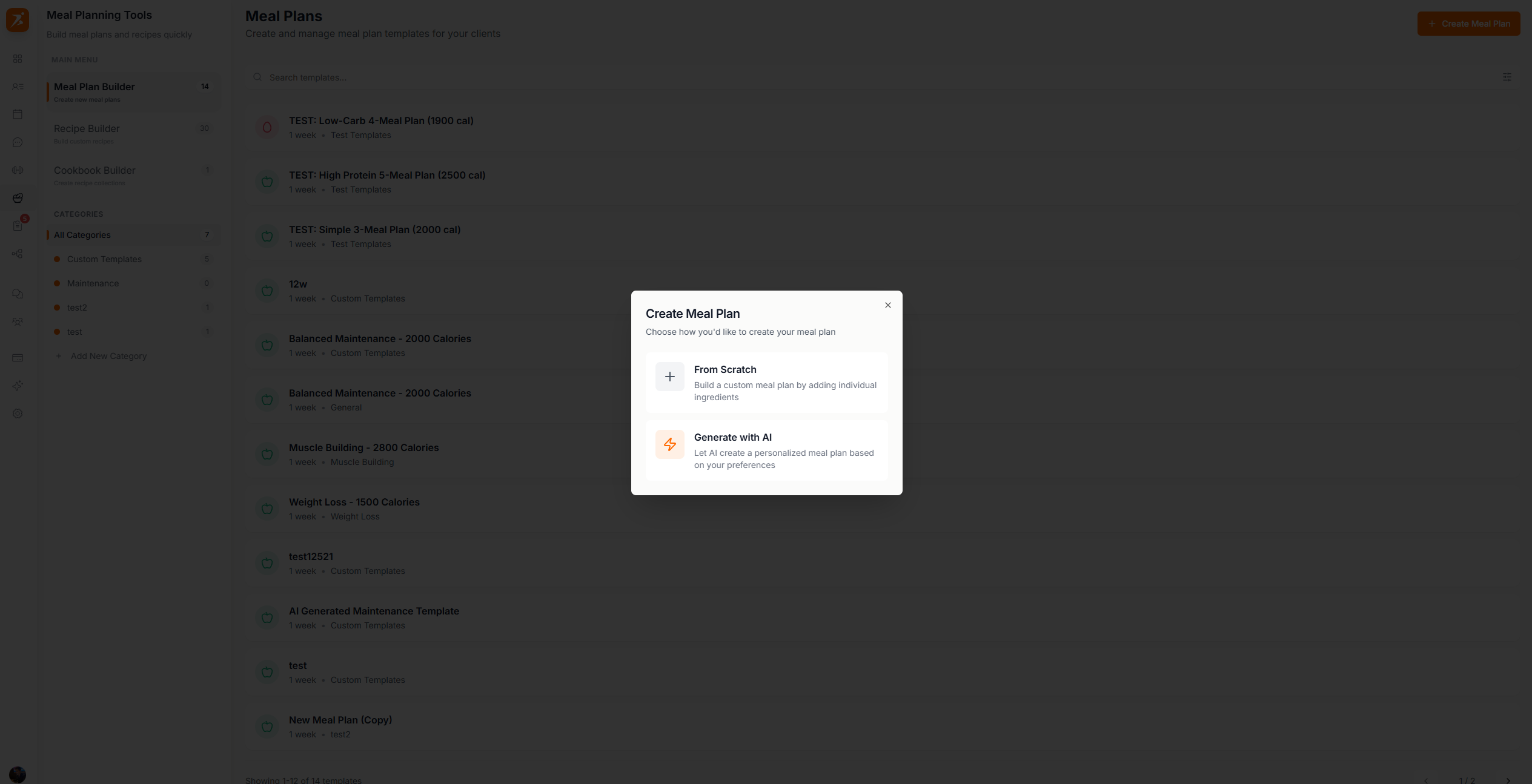 Create meal plan dialog
