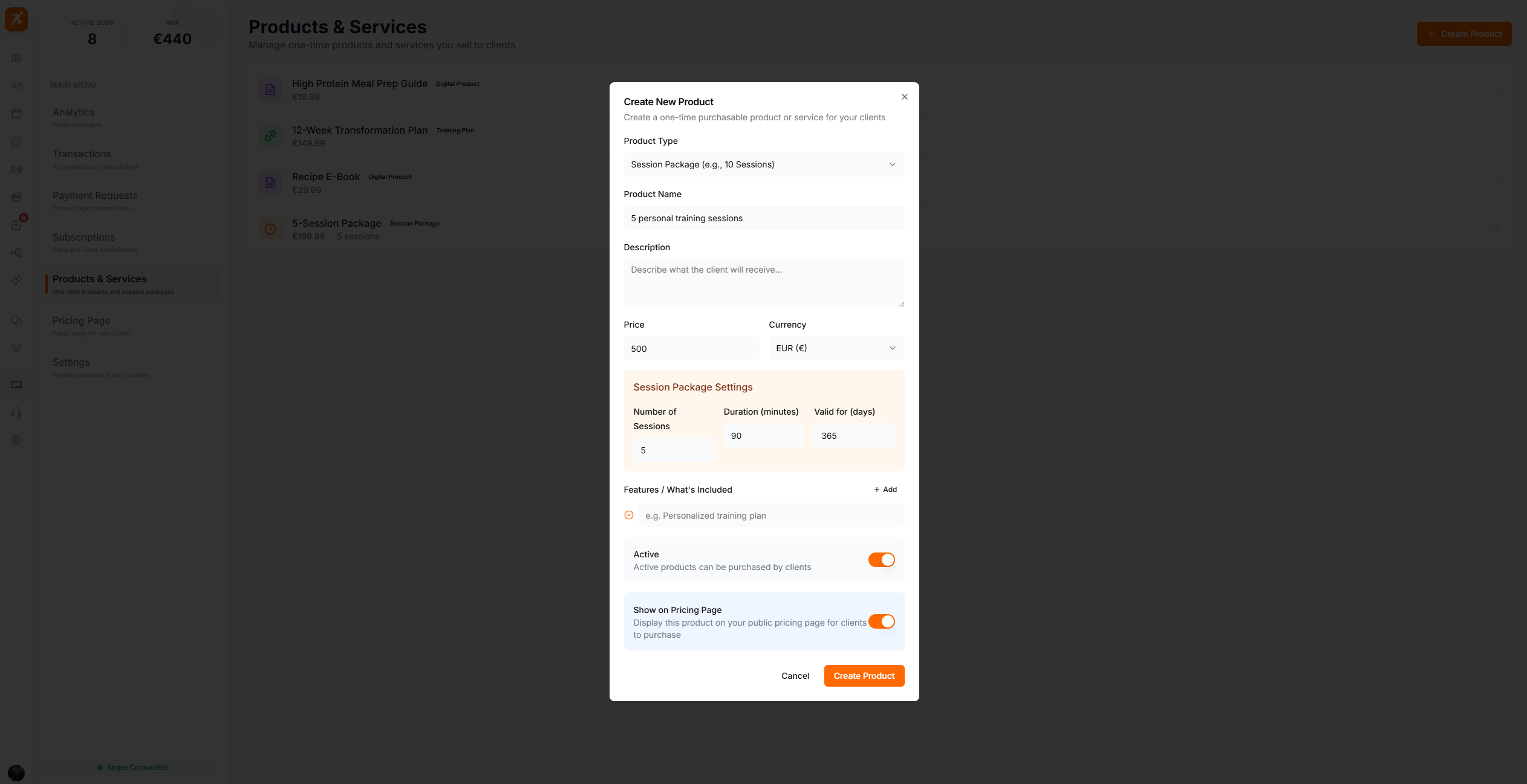 Product creation form
