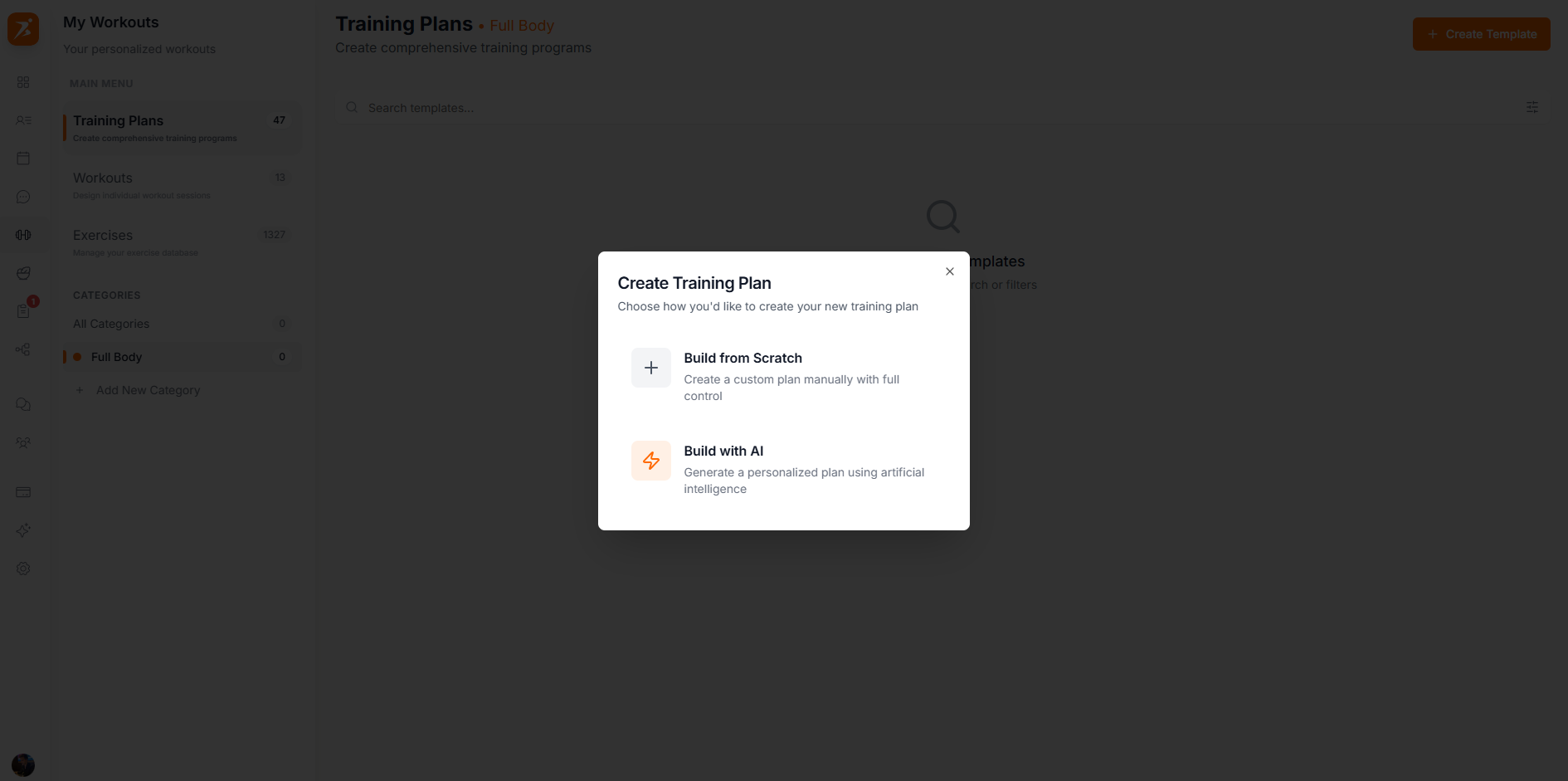Create training plan dialog